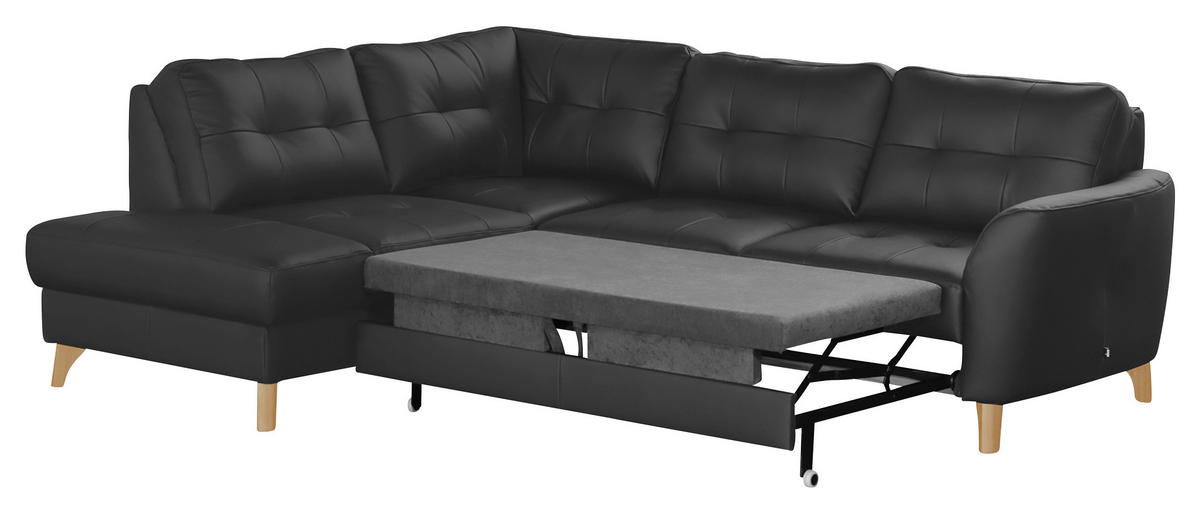 ECKSOFA Schwarz Echtleder Lederlook  - Buchefarben/Schwarz, Design, Leder/Holz (190/236cm) - Livetastic