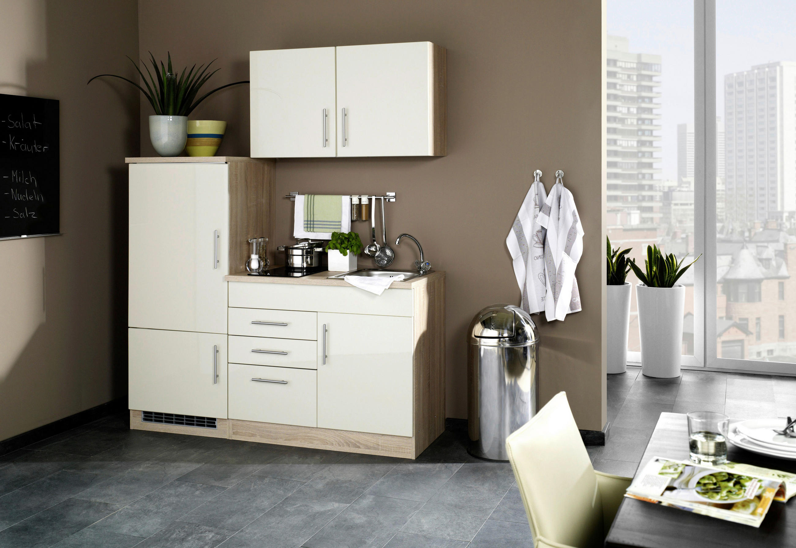 KÜCHENBLOCK 160 cm   in Creme  - Chromfarben/Eichefarben, MODERN, Holzwerkstoff/Metall (160cm) - Held
