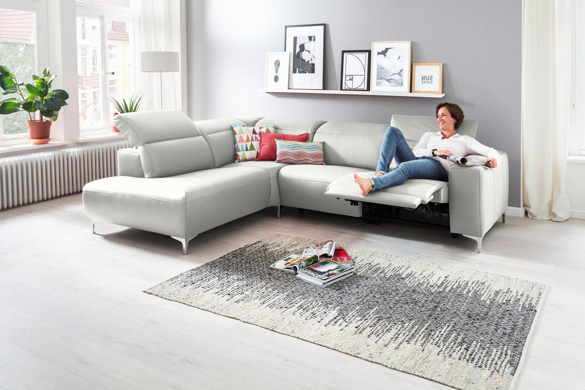 ECKSOFA in Echtleder Weiß  223/290 cm  - Chromfarben/Weiß, Design, Leder/Metall (223/290cm) - Pure Home Lifestyle