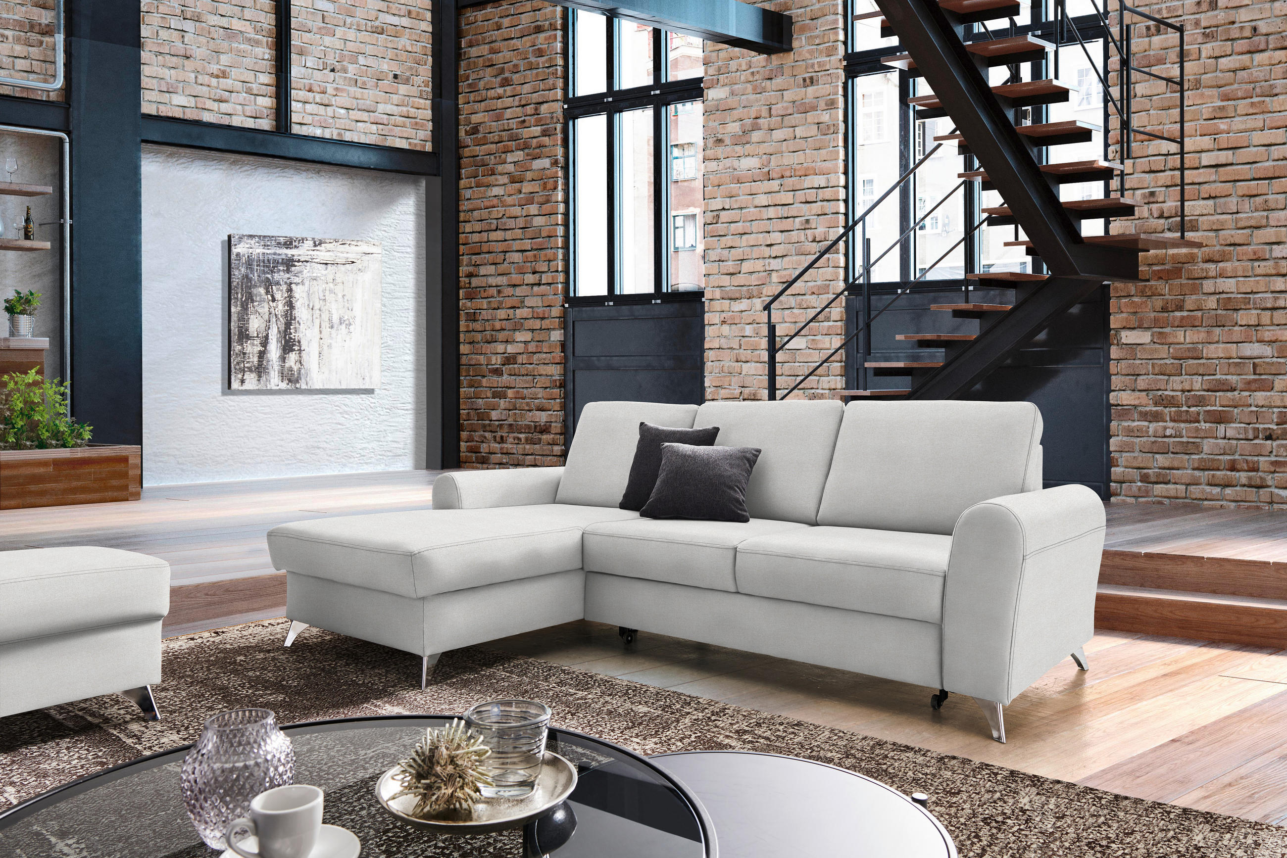 ECKSOFA in Flachgewebe Creme  - Silberfarben/Creme, Design, Textil/Metall (167/244cm) - Cantus
