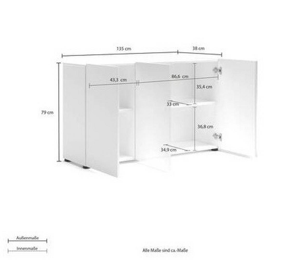 SIDEBOARD 135/79/38 cm  in Weiß Hochglanz  - Weiß Hochglanz/Schwarz, Design, Holzwerkstoff/Kunststoff (135/79/38cm) - home24