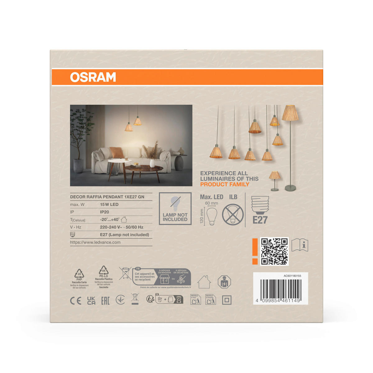 HÄNGELEUCHTE 20/125 cm  - Natur, Naturmaterialien/Metall (20/125cm) - Osram