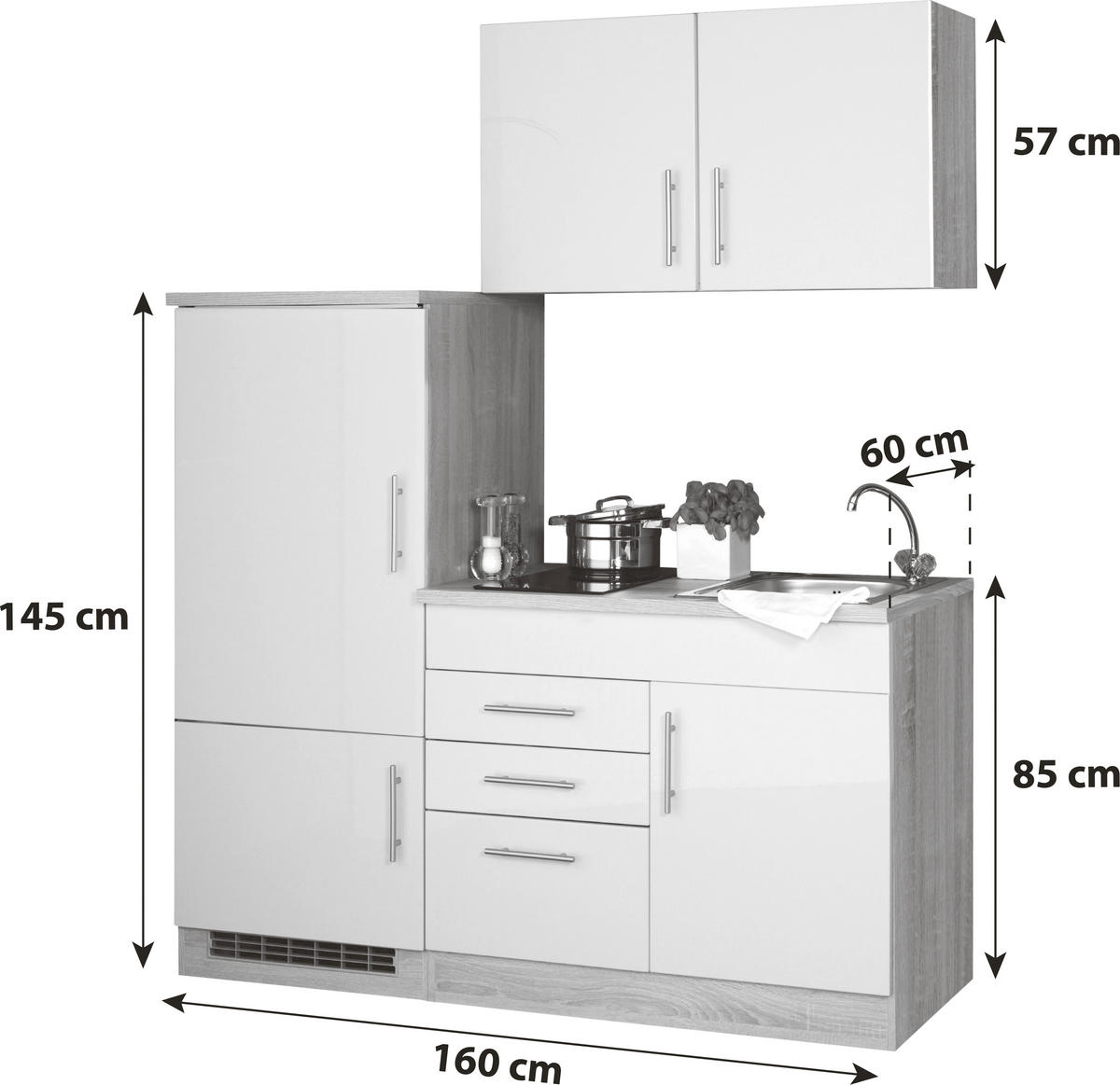 KÜCHENBLOCK 160 cm   in Creme  - Chromfarben/Eichefarben, MODERN, Holzwerkstoff/Metall (160cm) - Held