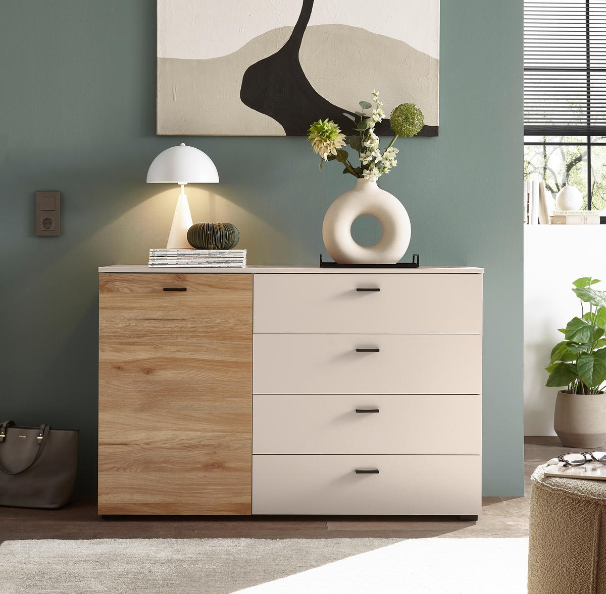 ŠIROKA KOMODA, barve hrasta, kašmir  - črna/kašmir, Konvencionalno, kovina/umetna masa (125/83,2/38cm) - Hom`in