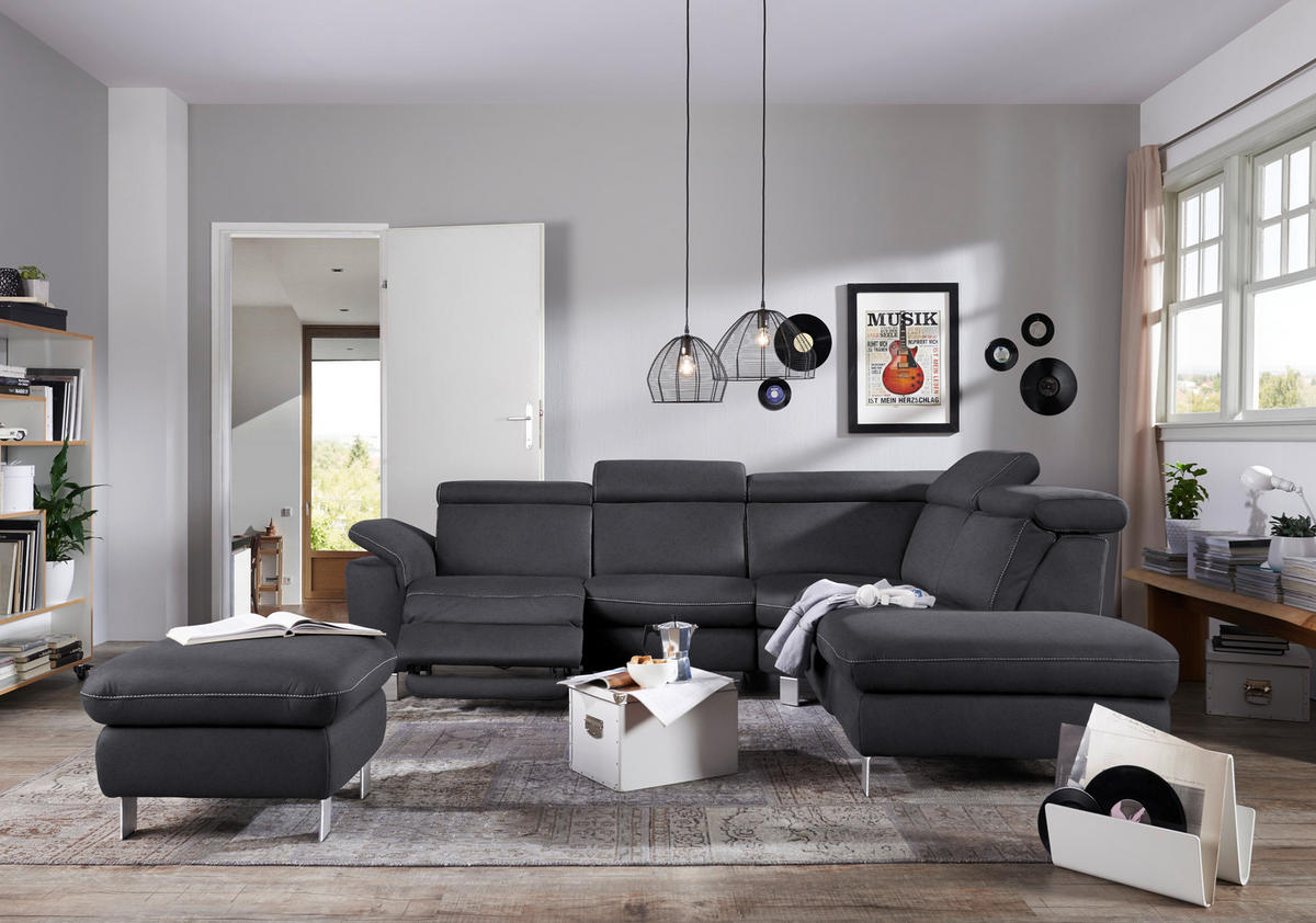 ECKSOFA in Flachgewebe, Mikrofaser Anthrazit  271/239 cm  - Anthrazit/Beige, Design, Textil/Metall (271/239cm) - Cantus