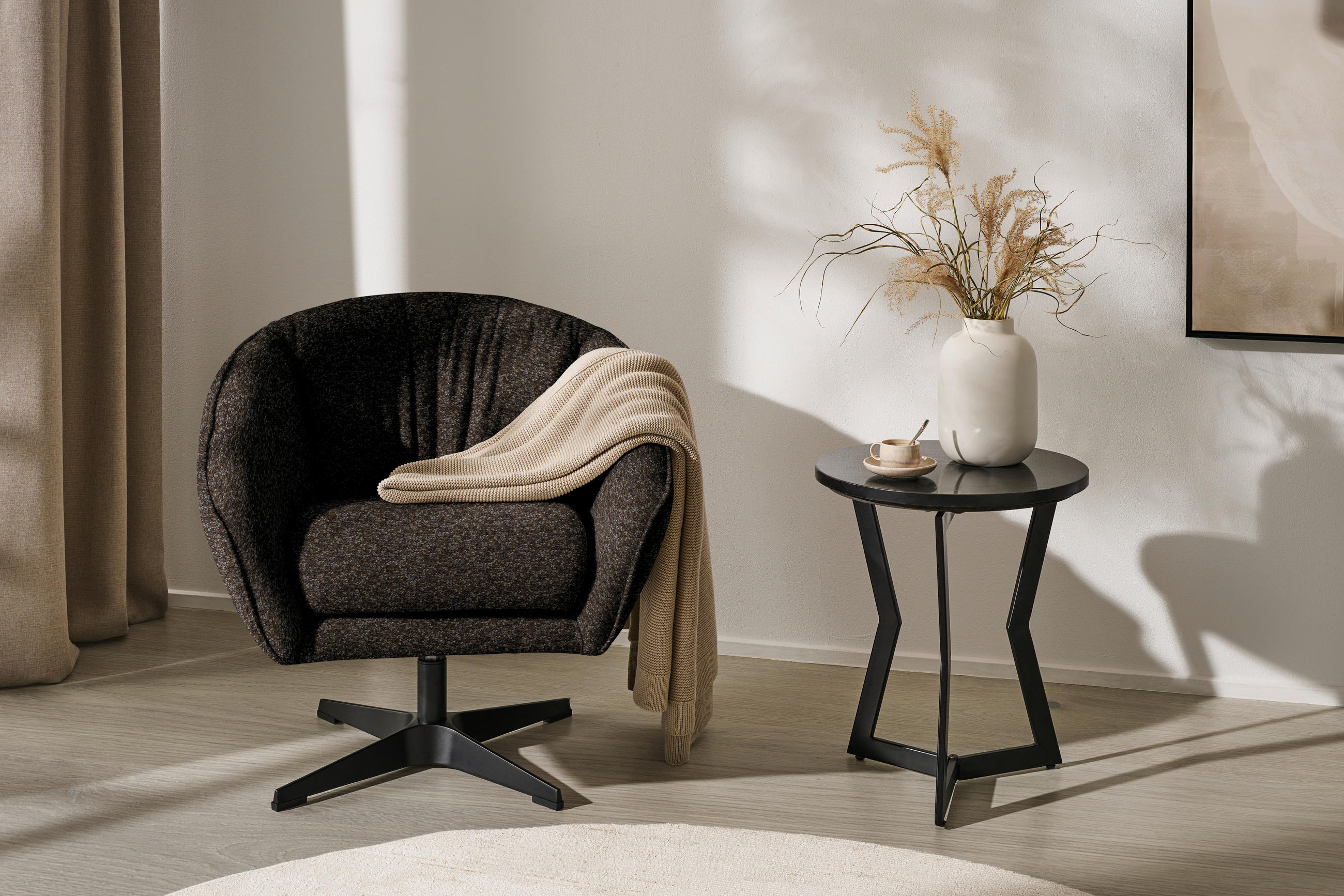 SESSEL in Bouclé Dunkelbraun  - Dunkelbraun/Schwarz, Design, Textil/Metall (80/78/80cm) - Stylife