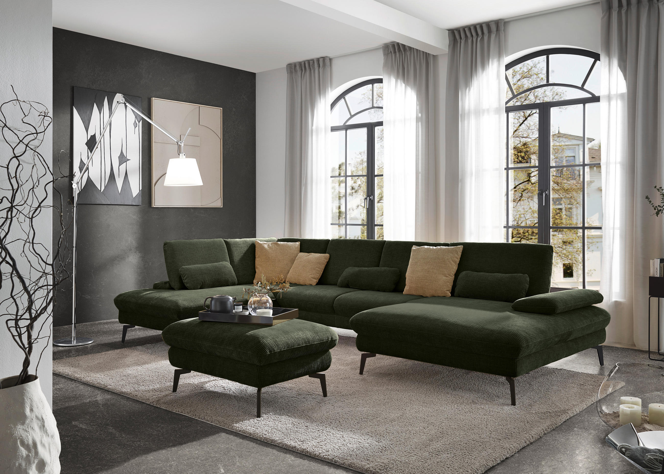 WOHNLANDSCHAFT in Webstoff Olivgrün  - Schwarz/Olivgrün, Design, Textil/Metall (208/354/157cm) - Dieter Knoll