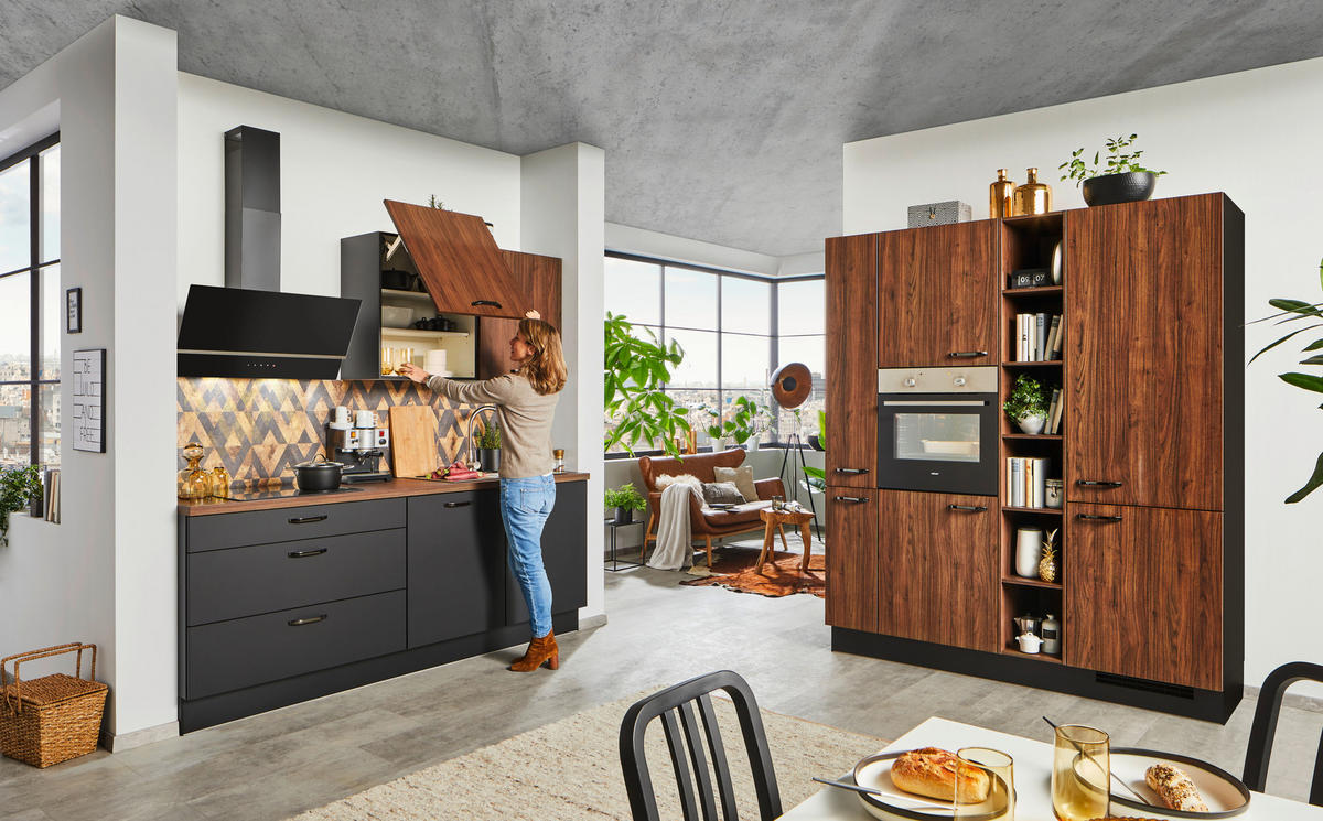 EINBAUKÜCHE   - Nussbaumfarben/Schwarz, Design, Holzwerkstoff - Celina