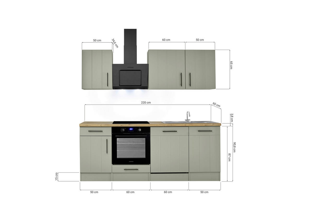 KÜCHENBLOCK 220 cm   in Wildeiche, Schilfgrün  - Schilfgrün/Wildeiche, Trend, Holzwerkstoff/Metall (220cm) - Respekta