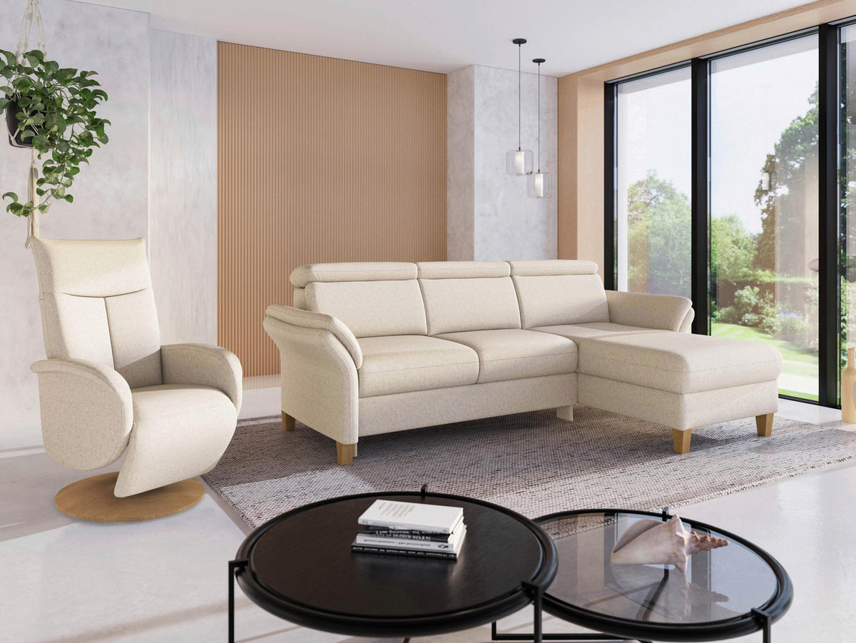 ECKSOFA GLENDALE E Creme Flachgewebe  - Eichefarben/Creme, KONVENTIONELL, Holz/Textil (253/166cm) - Sit & More