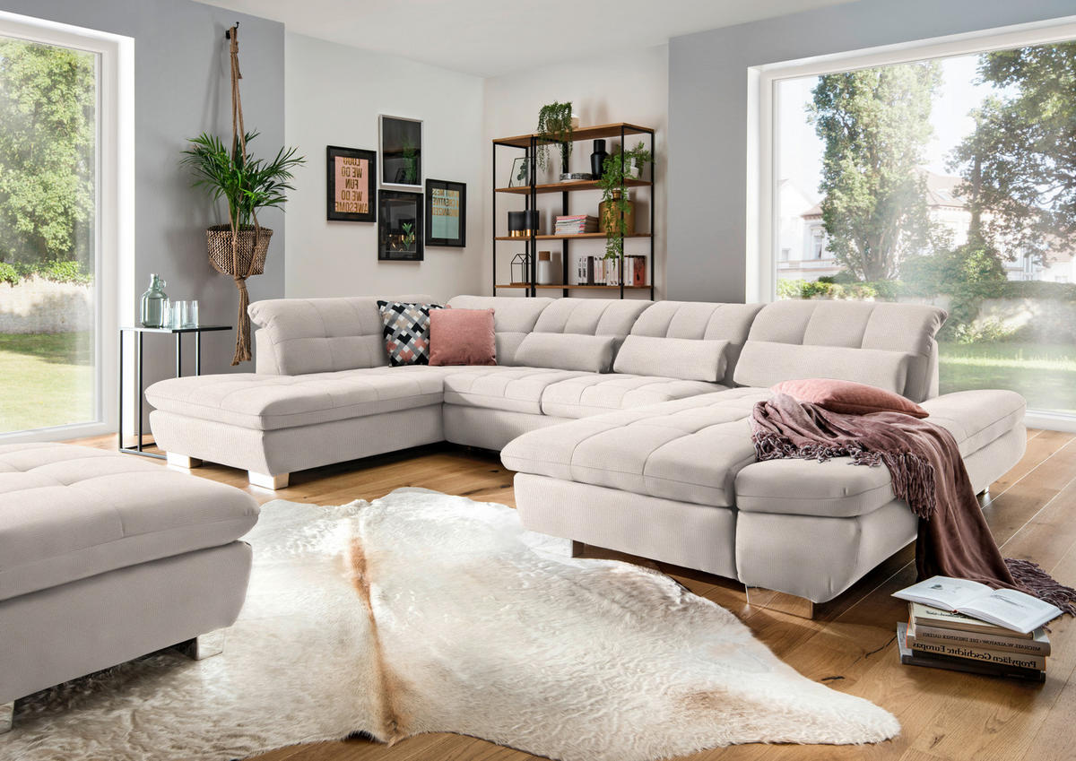 WOHNLANDSCHAFT Mikrofaser Ecru  - Chromfarben/Ecru, Design, Kunststoff/Textil (211/350/204cm) - Xora