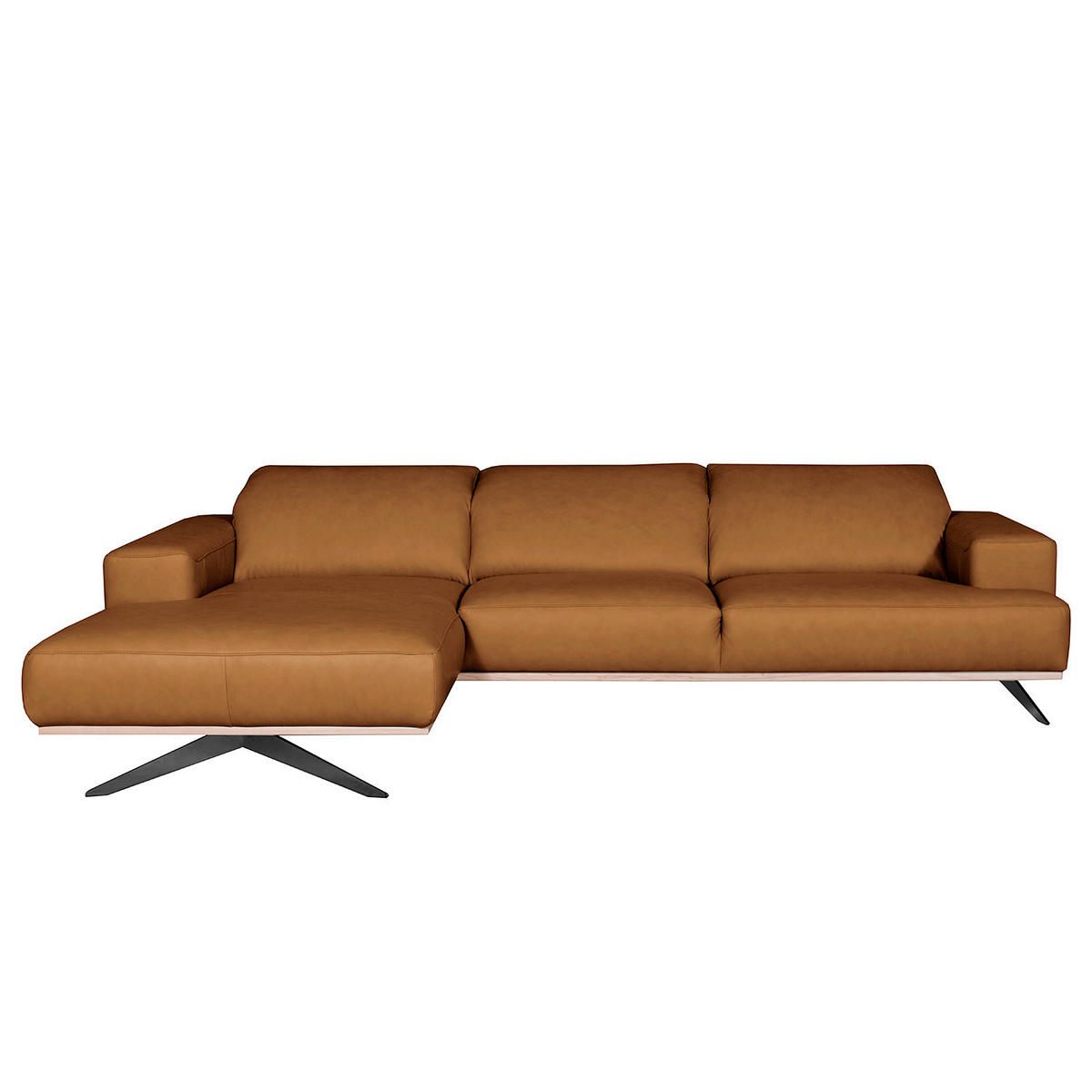 ECKSOFA Cognac Echtleder Rücken echt, Kopfteilverstellung  - Cognac/Schwarz, Design, Leder/Metall (187/295cm) - Livetastic