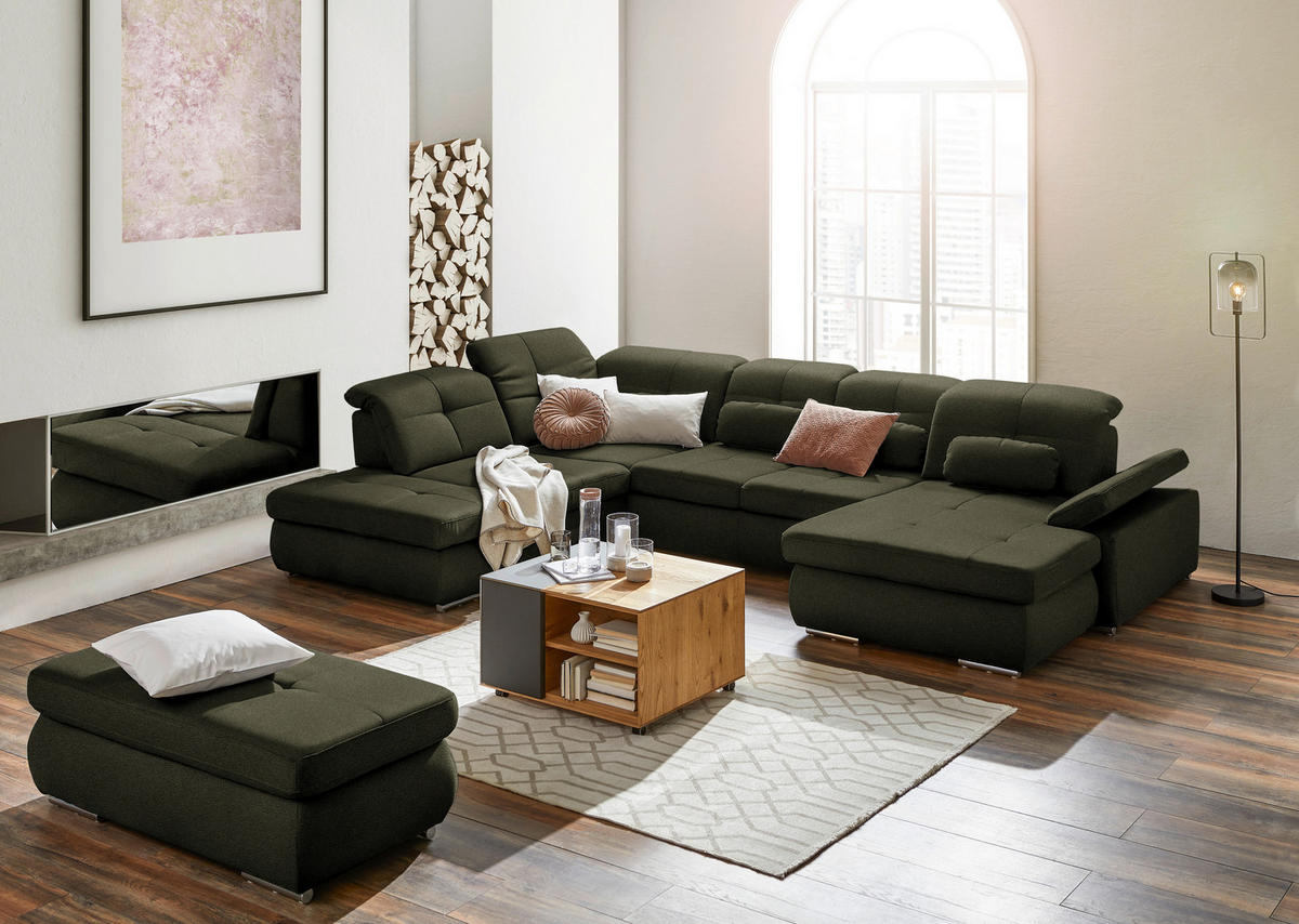 WOHNLANDSCHAFT  in Mikrofaser Olivgrün  - Chromfarben/Olivgrün, Design, Holzwerkstoff/Textil (260/371/195cm) - Beldomo Style