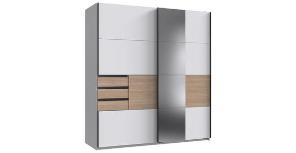 SCHWEBETÜRENSCHRANK  in Weiß, Eichefarben  - Eichefarben/Schwarz, KONVENTIONELL, Glas/Holzwerkstoff (180/198/65cm) - Carryhome