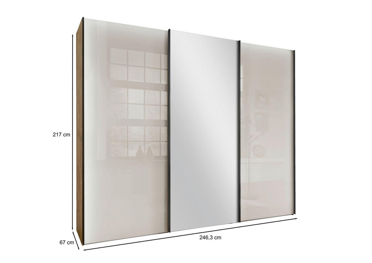 SCHWEBETÜRENSCHRANK in Champagner, Eiche Bianco  - Schieferfarben/Eiche Bianco, Konventionell, Glas/Holzwerkstoff (250/217/67cm) - Dieter Knoll