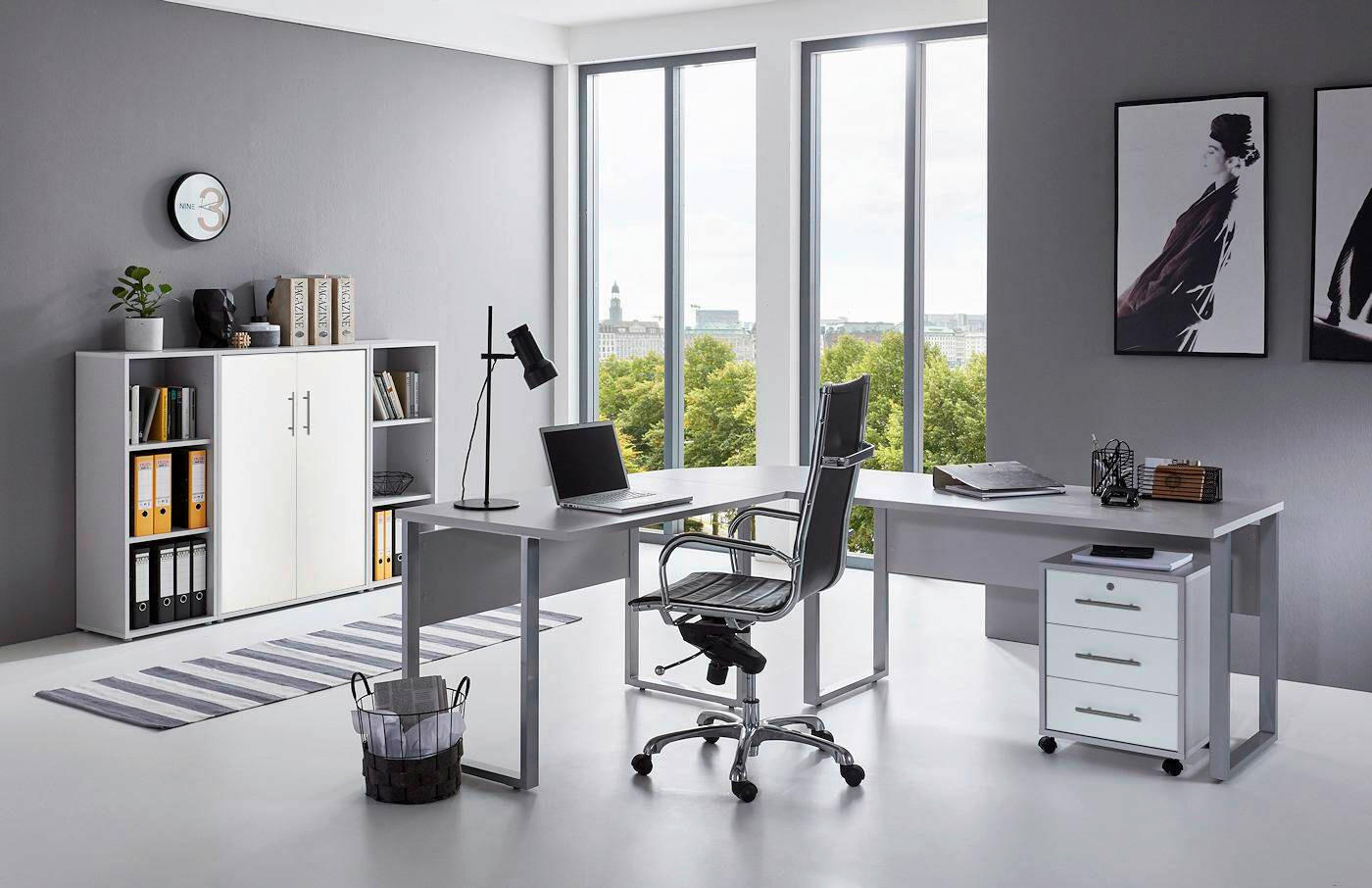 BÜRO erweiterbar, in verschiedenen Holz-Dekoren erhältlich, Schreibtisch seitenverkehrt montierbar, abschließbar Grau, Weiß - Weiß/Grau, MODERN - MID.YOU