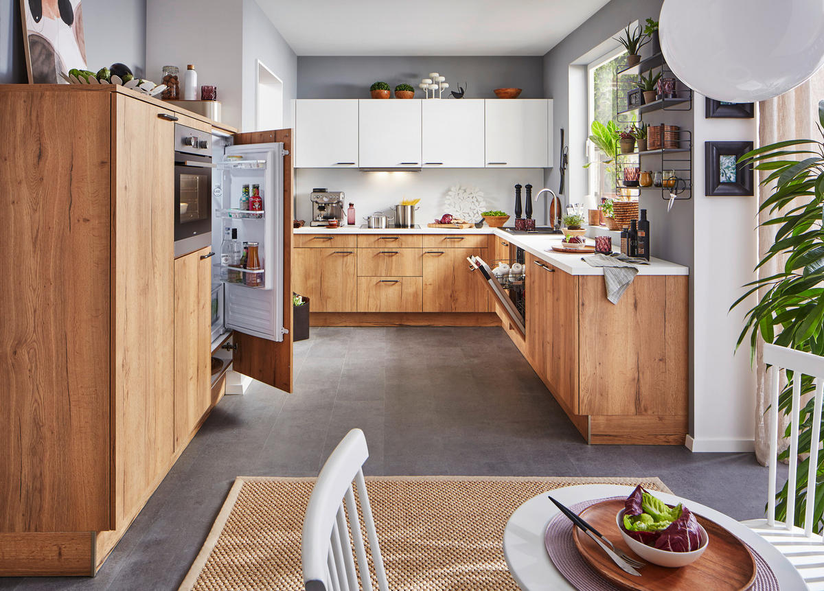 EINBAUKÜCHE TORONTO  - Eichefarben/Weiß, Design, Holzwerkstoff/Metall - Moderano