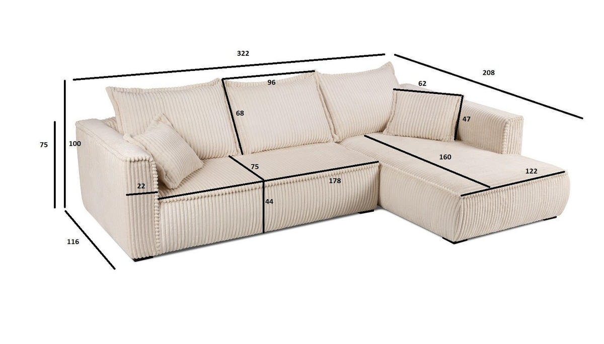 ECKSOFA Beige Cord  - Beige/Schwarz, MODERN, Holz/Textil (322/208cm) - Carryhome