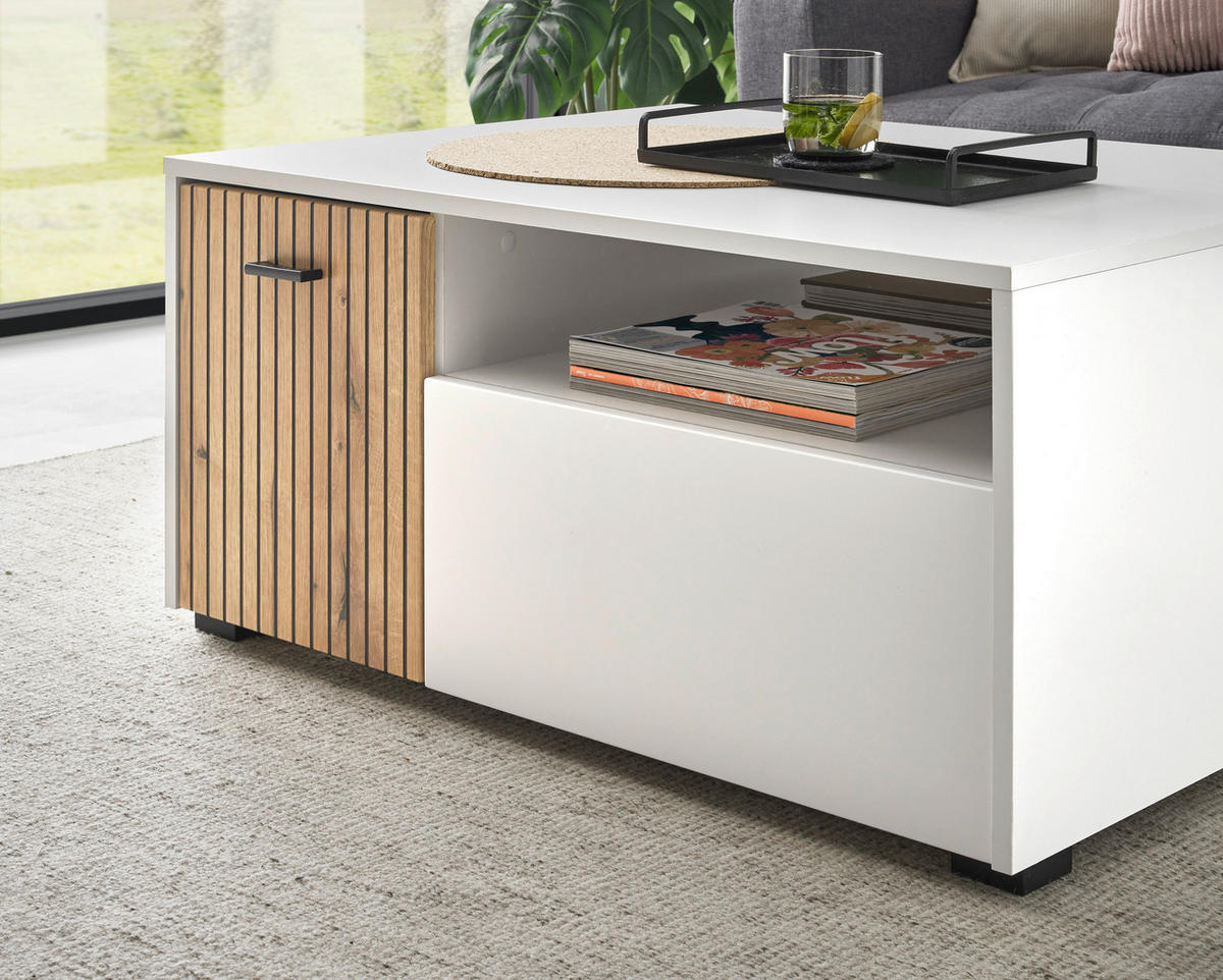 COUCHTISCH rechteckig Eichefarben, Weiß  - Eichefarben/Schwarz, Design, Holzwerkstoff/Metall (90/43/70cm) - MID.YOU