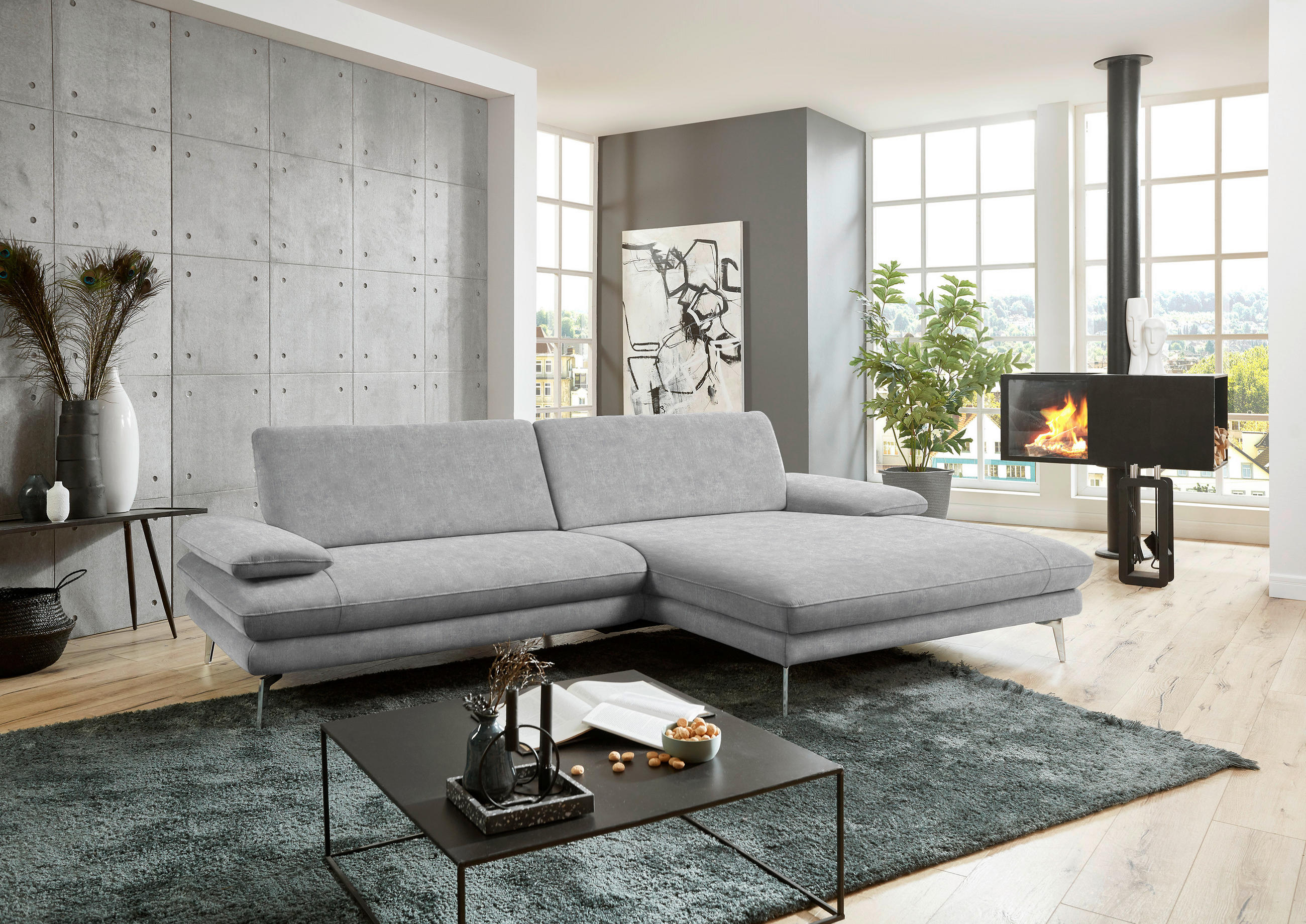 ECKSOFA in Velours Hellgrau  - Hellgrau/Schwarz, Design, Textil/Metall (284/184cm) - Dieter Knoll