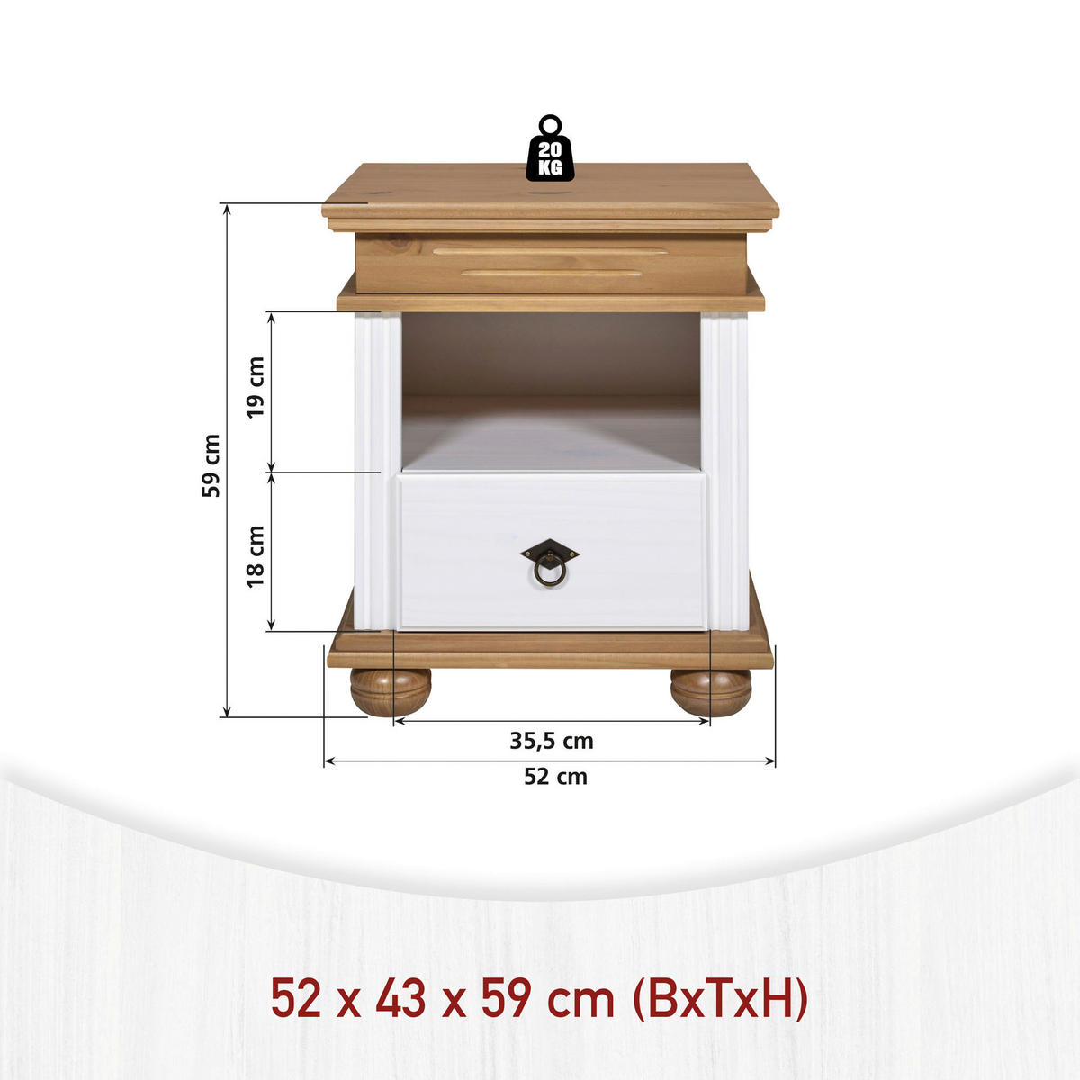NACHTKÄSTCHEN in vollmassiv Kiefer Weiß, Eichefarben  - Eichefarben/Schwarz, LIFESTYLE, Holz/Metall (52/59/43cm) - Ti'me