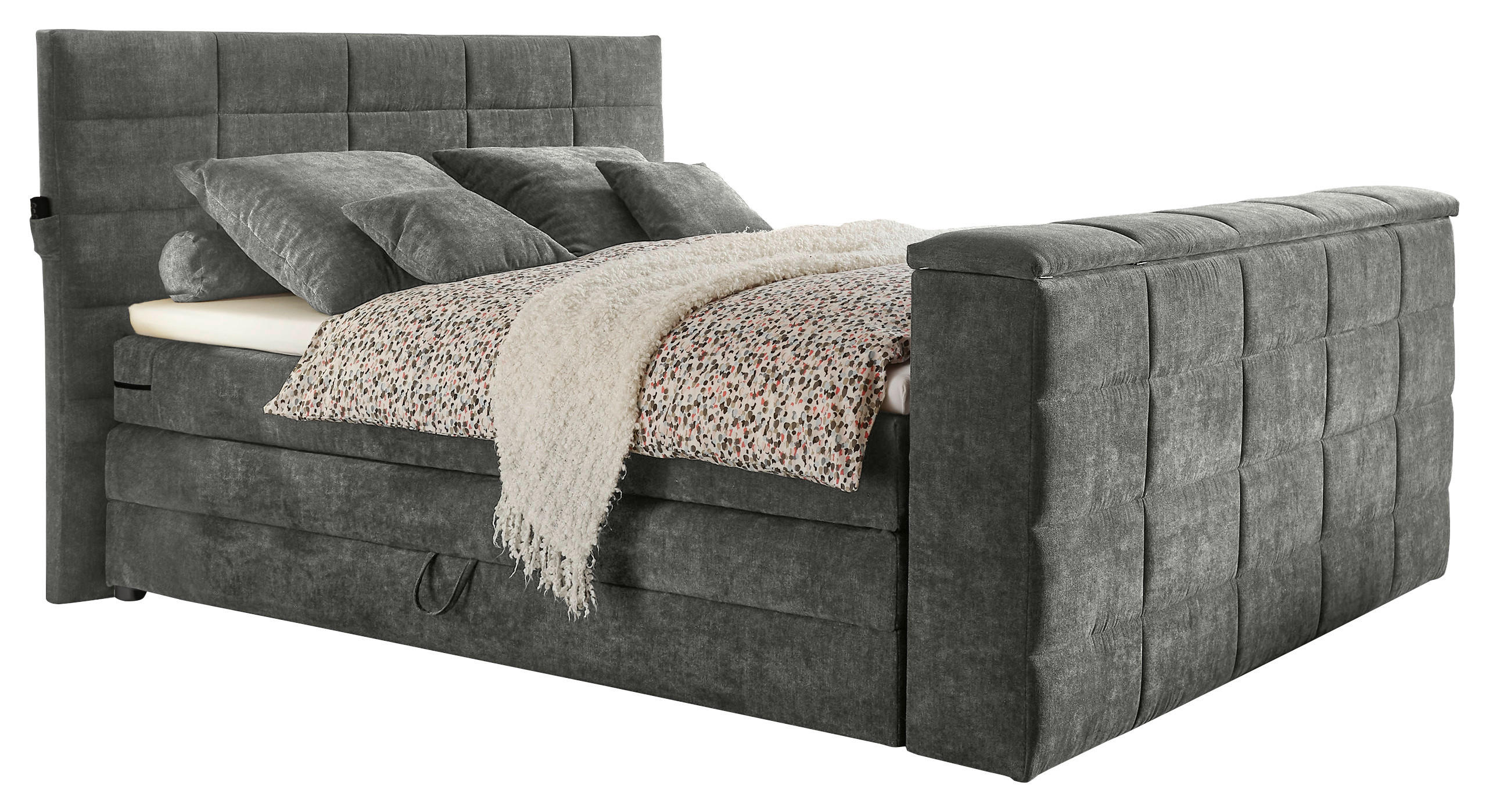 BOXSPRINGBETT 180/200 cm,  in Grau, Matratze, Bettkasten, Topper, Fernbedienung, unterschiedliche Matratzenhärtegrade je Bettseite, Wendematratze mit unterschiedlichen Härtegraden, H2 + H3 = mittel + fest  - Grau, KONVENTIONELL, Textil (180/200cm) - Boxxx