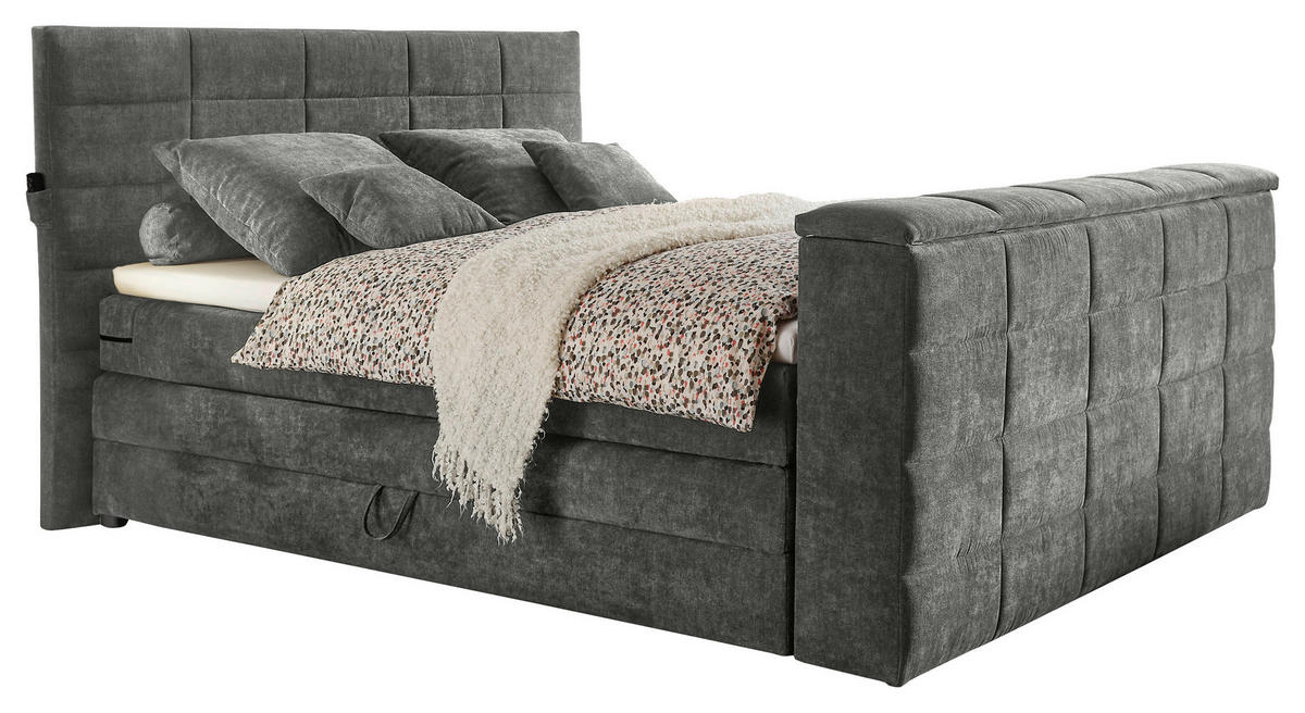BOXSPRINGBETT 180/200 cm,  in Grau, Matratze, Bettkasten, Topper, Fernbedienung, unterschiedliche Matratzenhärtegrade je Bettseite, Wendematratze mit unterschiedlichen Härtegraden, H2 + H3 = mittel + fest  - Grau, KONVENTIONELL, Textil (180/200cm) - Boxxx