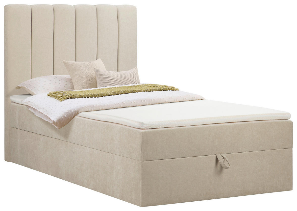 BOXBETT 100/200 cm,  in Beige, Matratze, gepolstertes Kopfteil, Bettkasten, Topper, H3 = fest  - Beige/Schwarz, Basics, Kunststoff/Textil (100/200cm) - Chameo