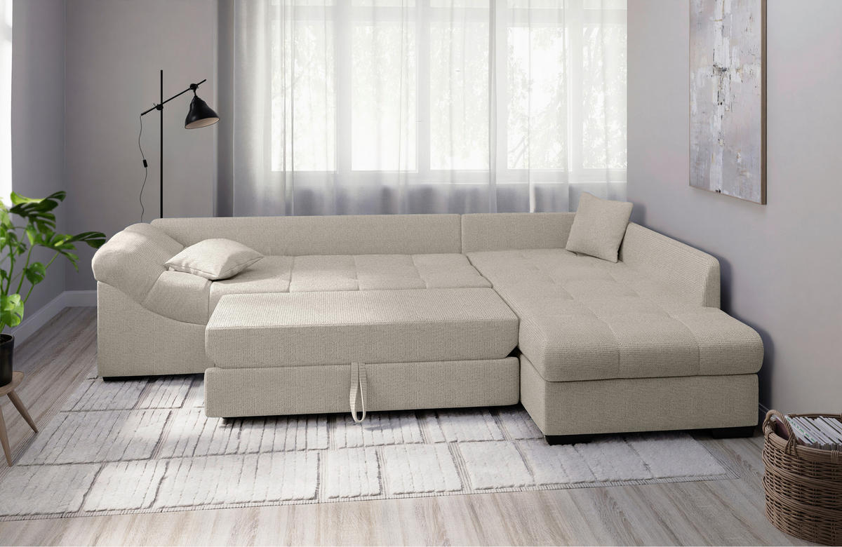 ECKSCHLAFSOFA in Beige Textil   - Beige/Schwarz, Modern, Holz/Textil (298/202cm) - MID.YOU