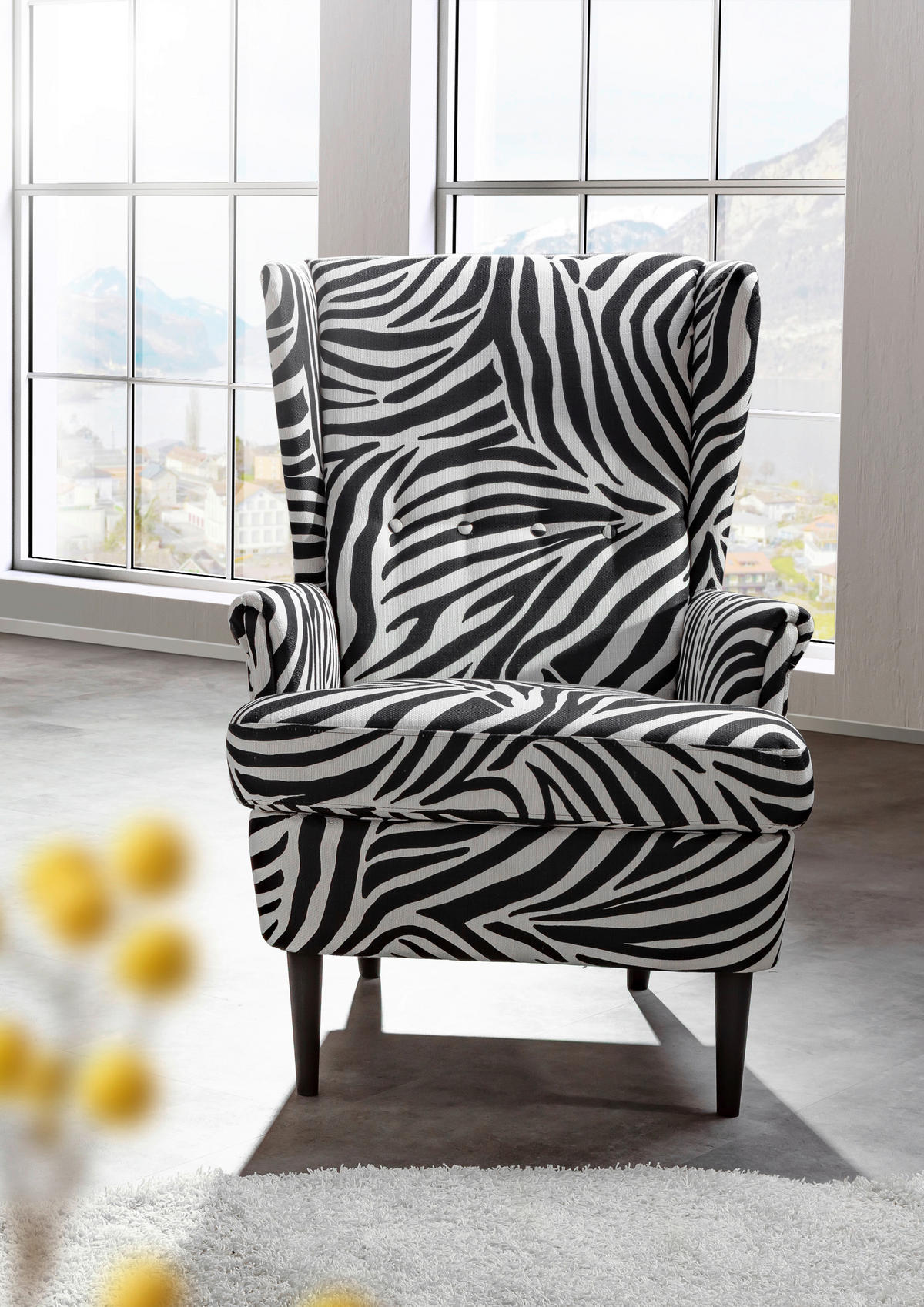 OHRENSESSEL Flachgewebe Schwarz, Weiß  - Dunkelbraun/Schwarz, Design, Holz/Textil (72/104/85cm) - Carryhome