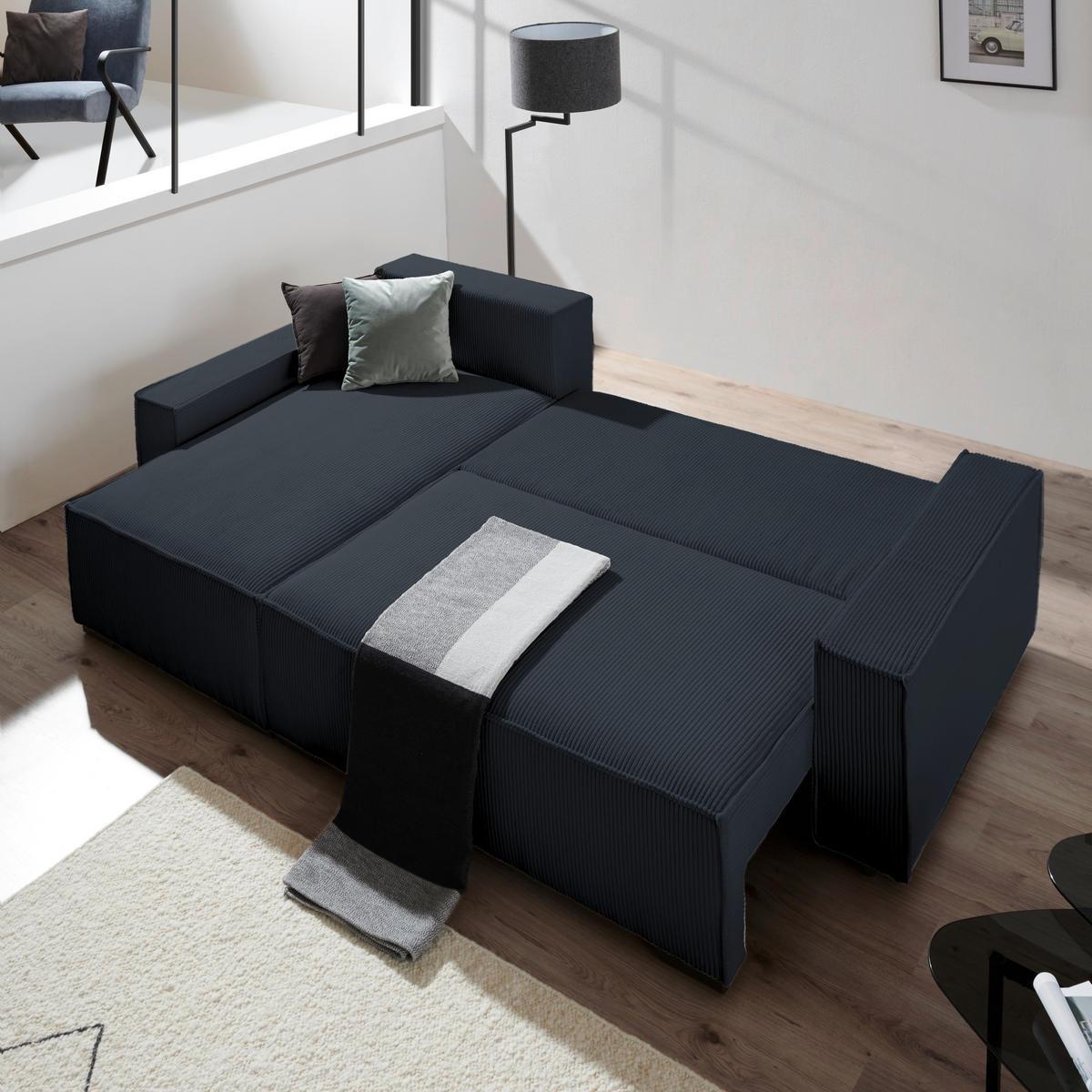ECKSOFA in Cord, Webstoff Schwarz  - Schwarz, Modern, Holz/Textil (157/265cm) - Carryhome