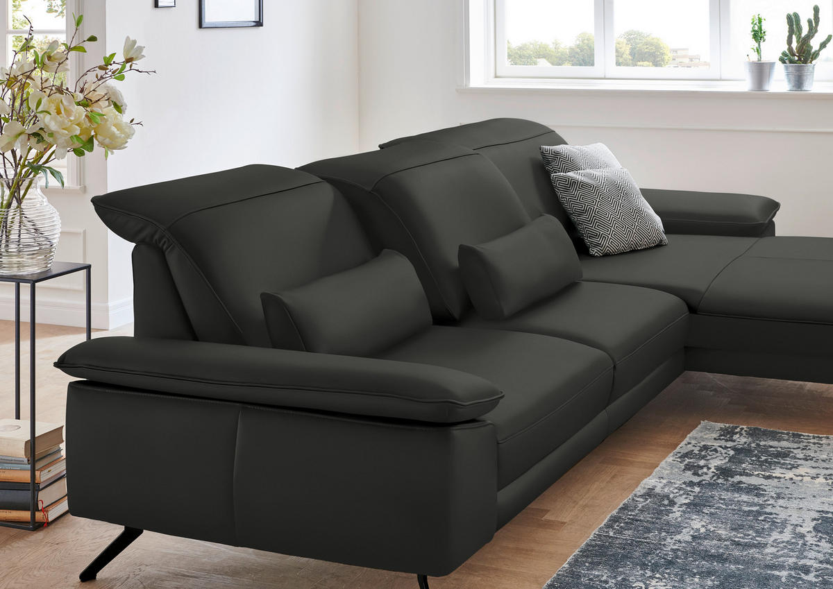 ECKSOFA in Echtleder Graubraun  - Graubraun/Schwarz, Design, Leder/Metall (328/193cm) - Dieter Knoll