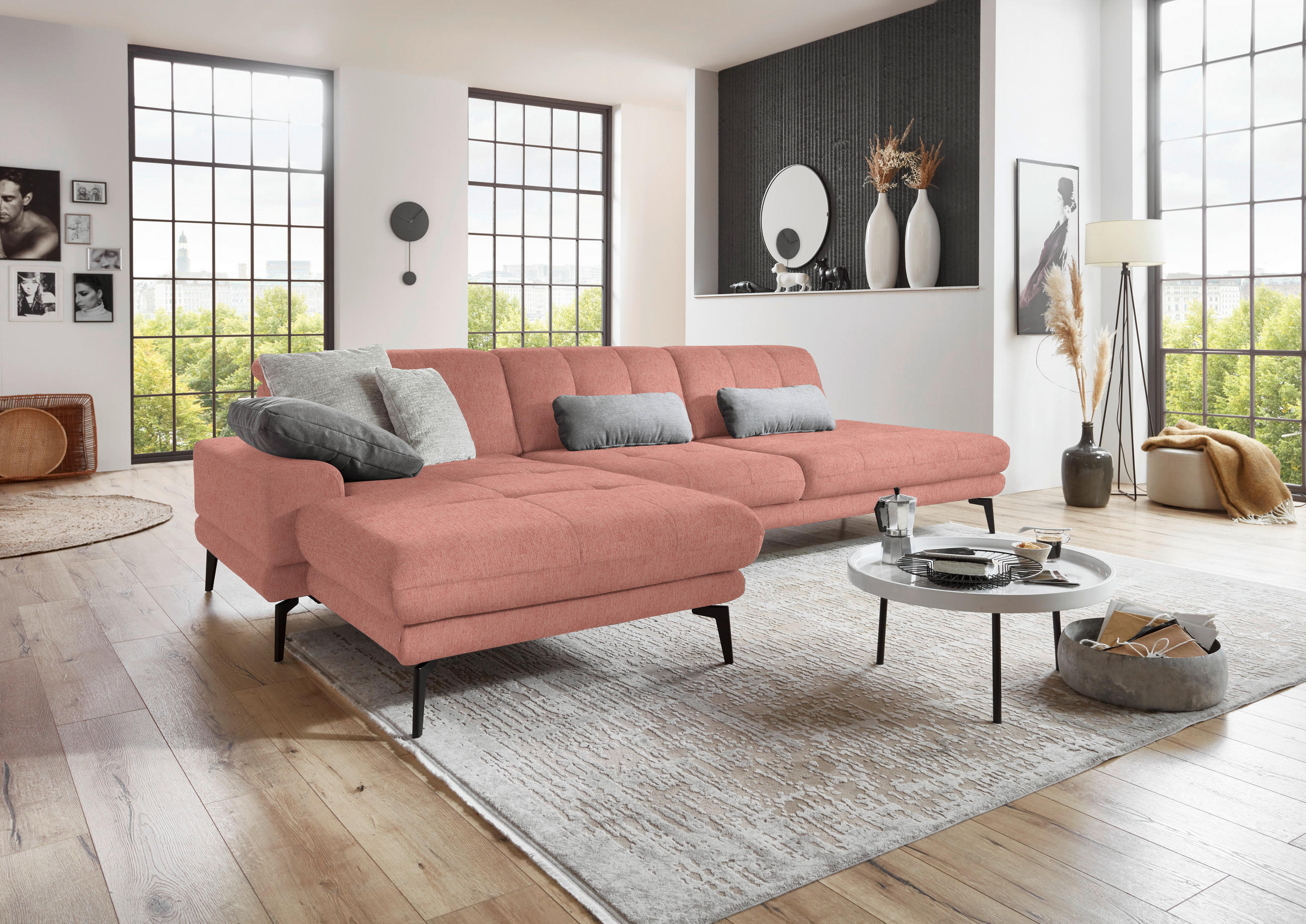 ECKSOFA in Flachgewebe Altrosa  - Schwarz/Altrosa, Design, Textil/Metall (190/309cm) - Beldomo Style