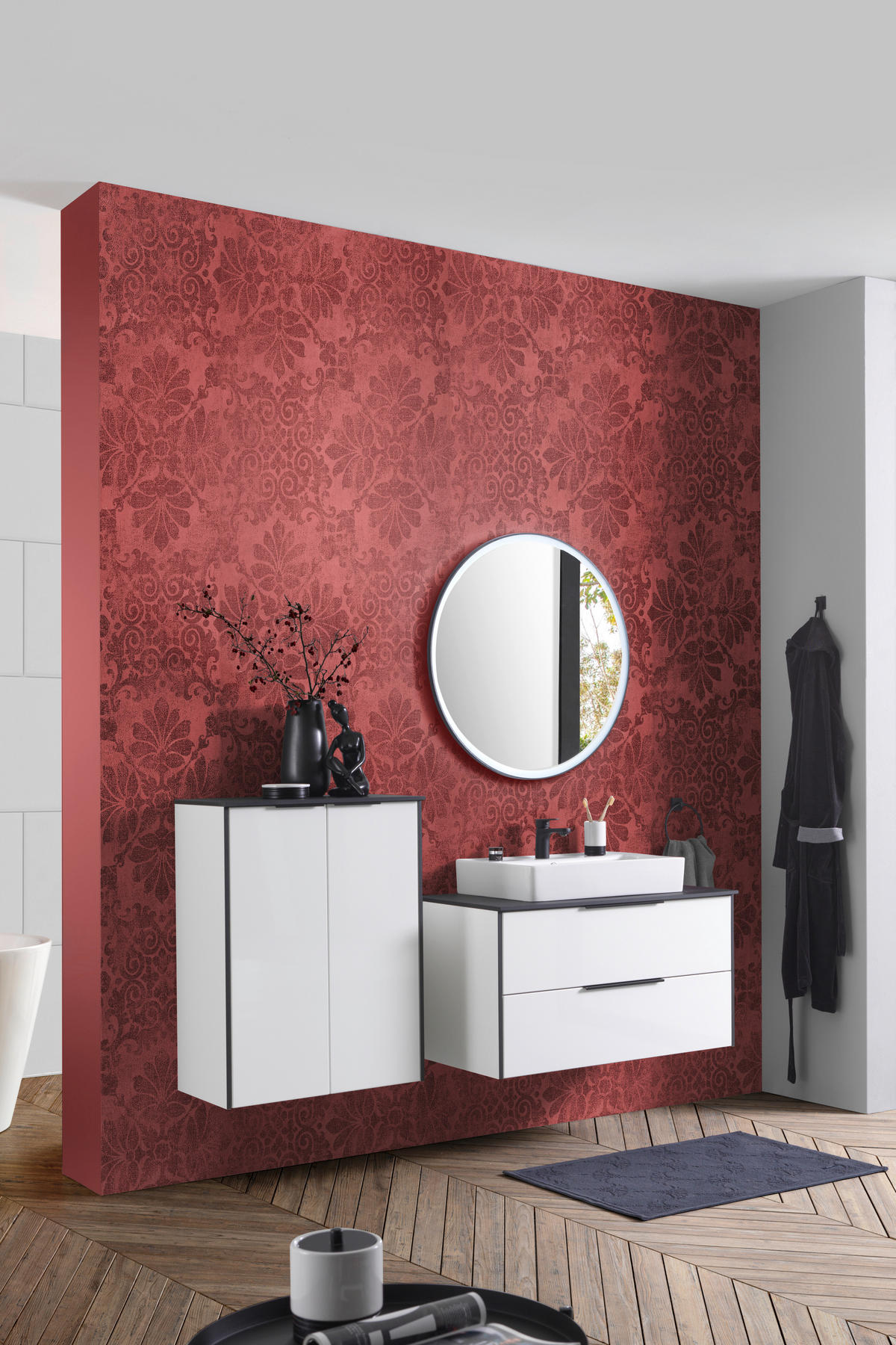 BADEZIMMER  in 92,4 cm  - Weiß Hochglanz/Schwarz, Basics, Glas/Keramik (92,4cm) - Voleo