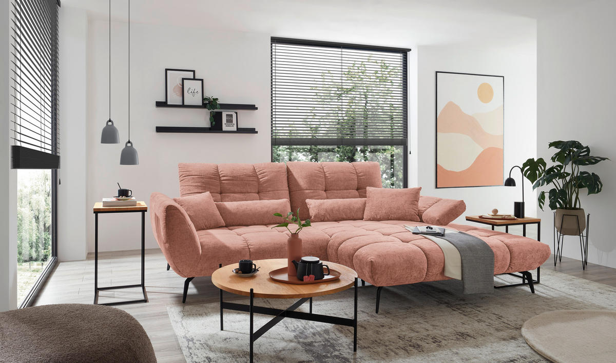 ECKSOFA Rosa Flachgewebe Rücken echt, Sitztiefenverstellung  - Schwarz/Rosa, KONVENTIONELL, Textil/Metall (273/211cm) - SetOne by Musterring