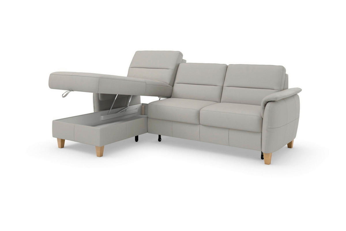 ECKSOFA PALMERA E Hellgrau Kombination Echtleder/Stoff Mikrofaser Bettkasten  - Eichefarben/Hellgrau, Basics, Leder/Holz (163/244cm) - Sit & More