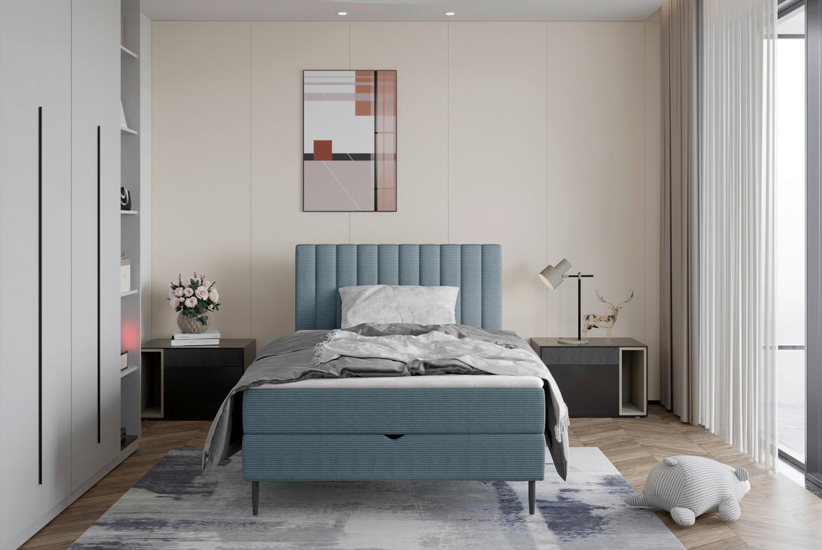 BOXSPRING-ÁGY  olajkék  - olajkék/fekete, Basics, faalapú anyag/textil (120cm) - Stylife