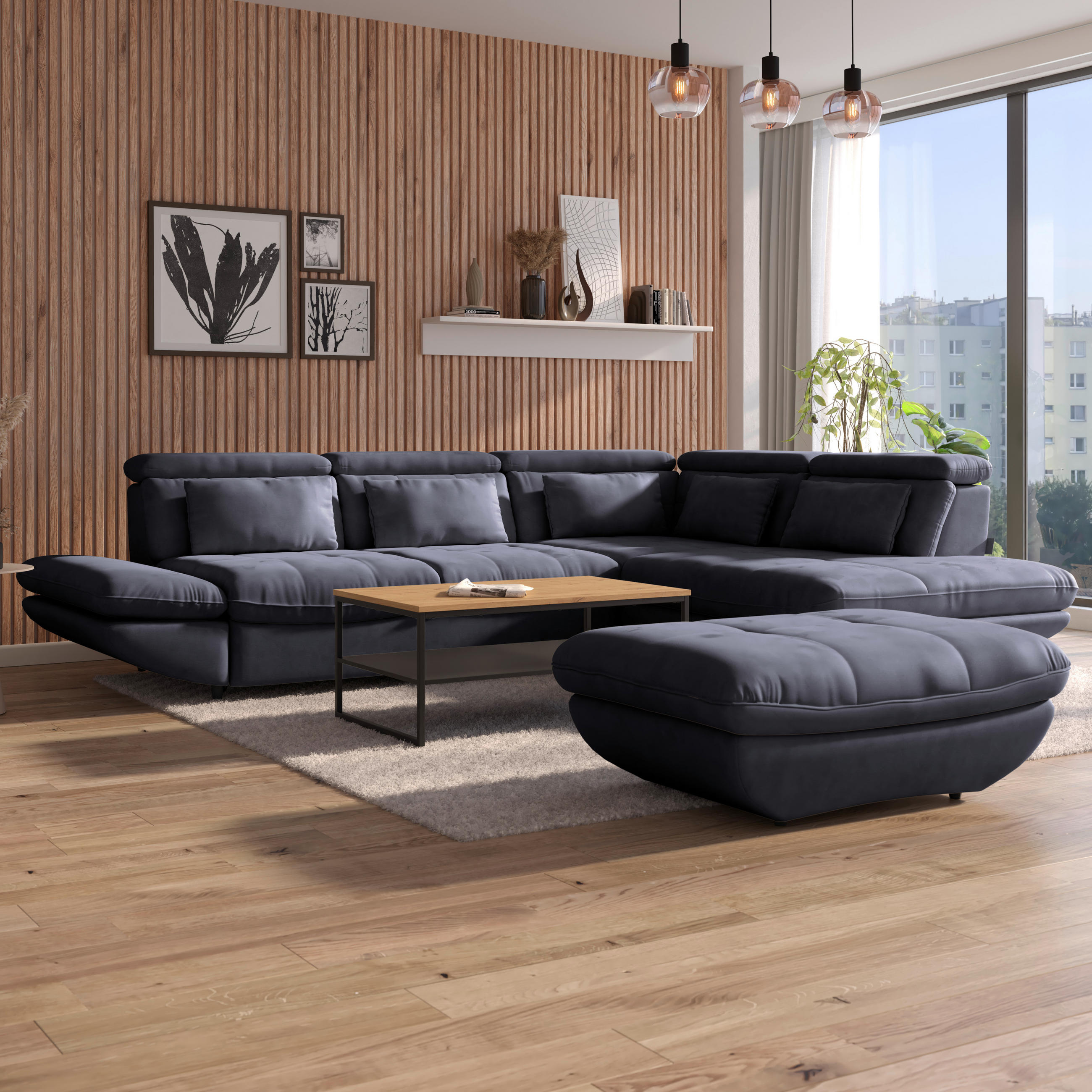 HOCKER in Textil Dunkelblau  - Schwarz/Dunkelblau, Modern, Kunststoff/Textil (107/75cm) - MID.YOU