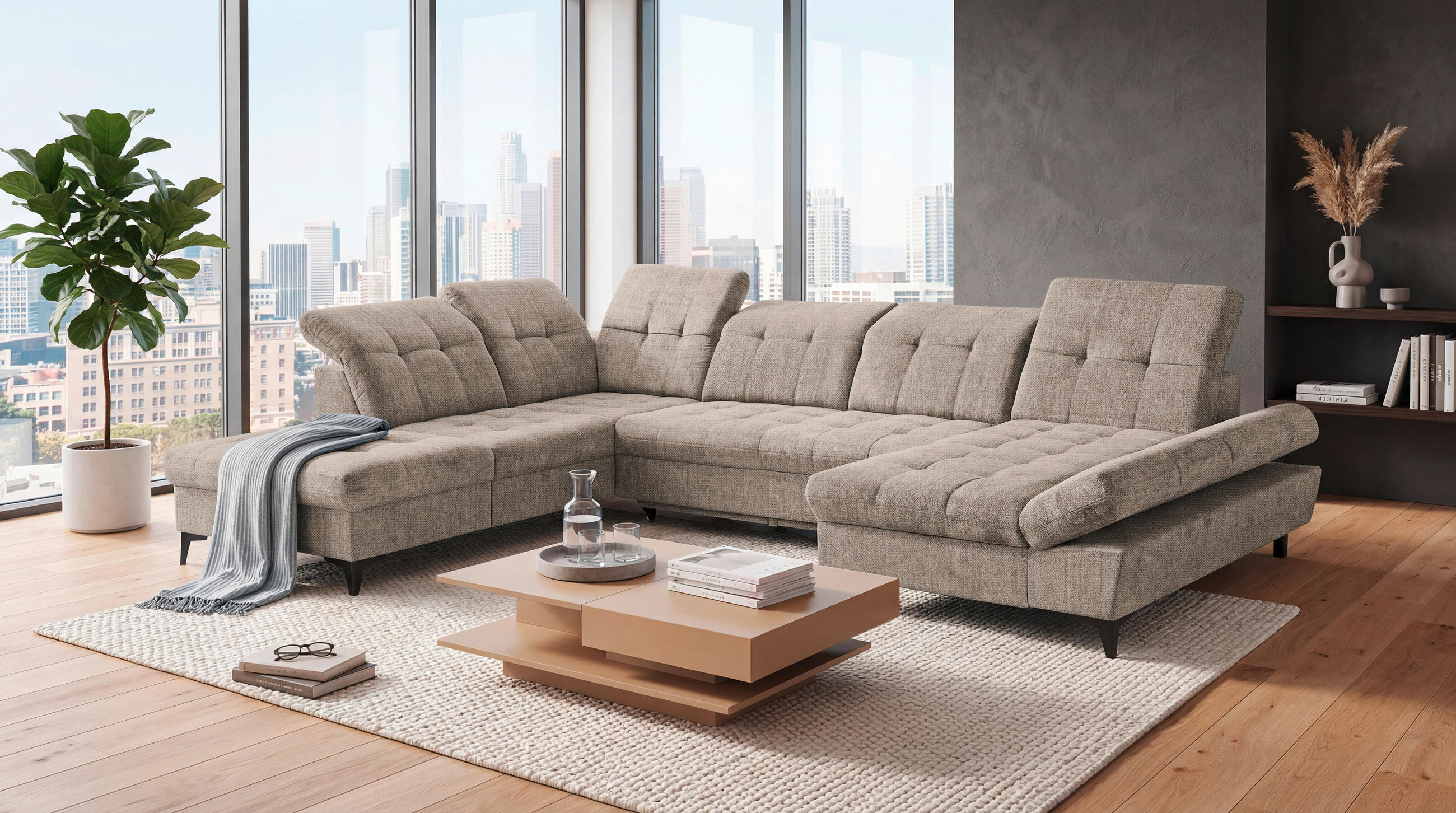 WOHNLANDSCHAFT Mikrovelours Beige  - Beige/Schwarz, Modern, Kunststoff/Textil (245/348/168cm) - MID.YOU