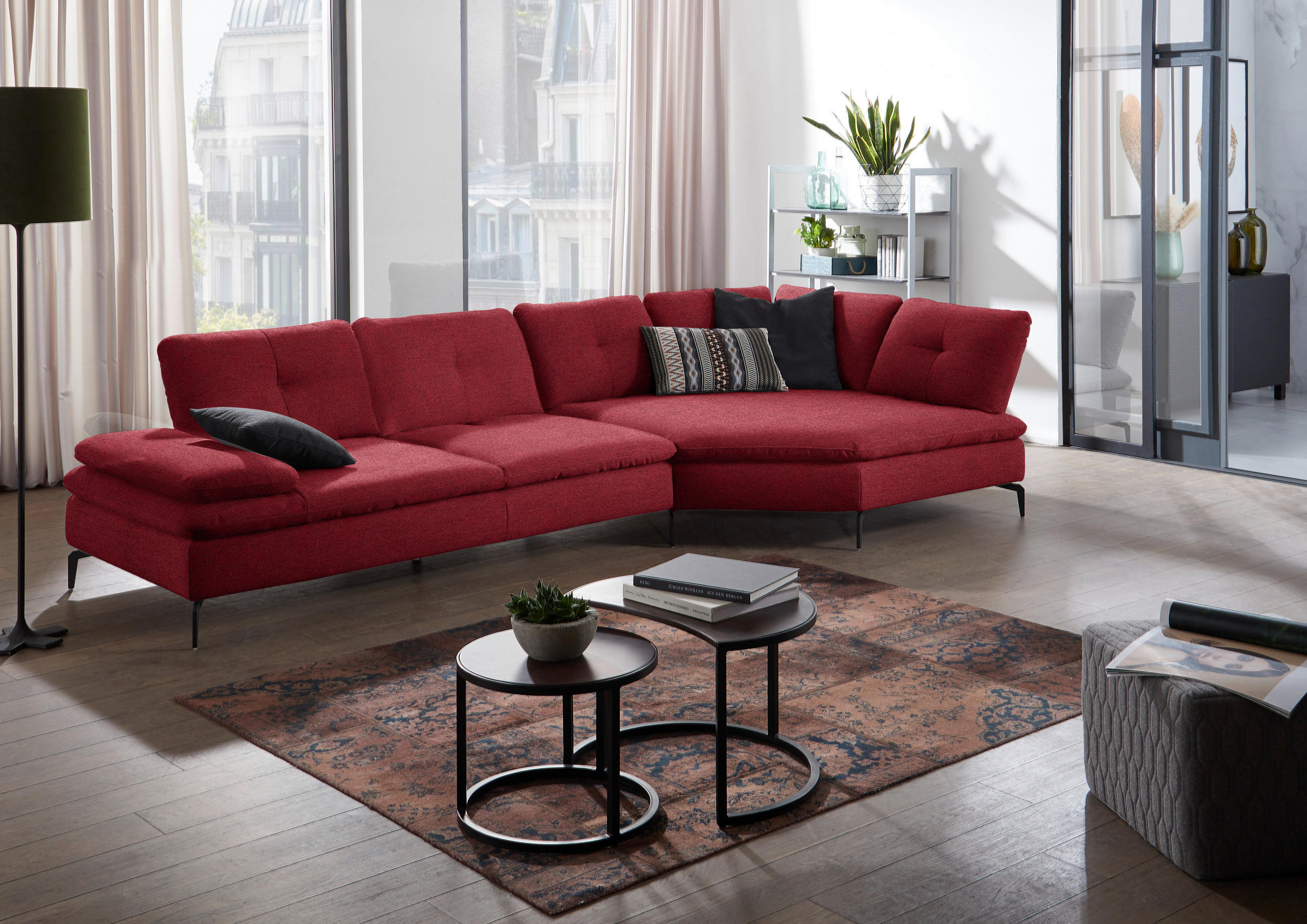 ECKSOFA in Flachgewebe Bordeaux  - Bordeaux/Schwarz, Design, Textil/Metall (344/157cm) - Chilliano