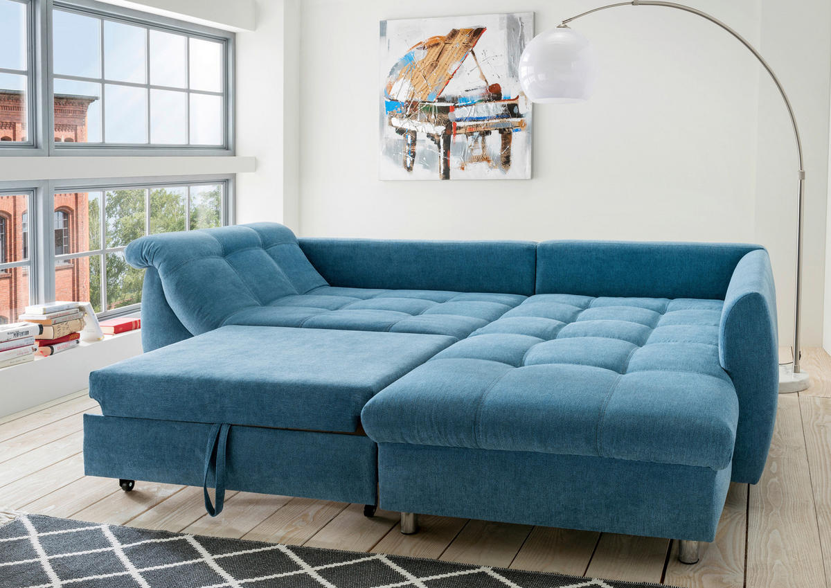 ECKSCHLAFSOFA in Mikrofaser Blau  - Chromfarben/Blau, Modern, Textil/Metall (250/190cm) - Livetastic
