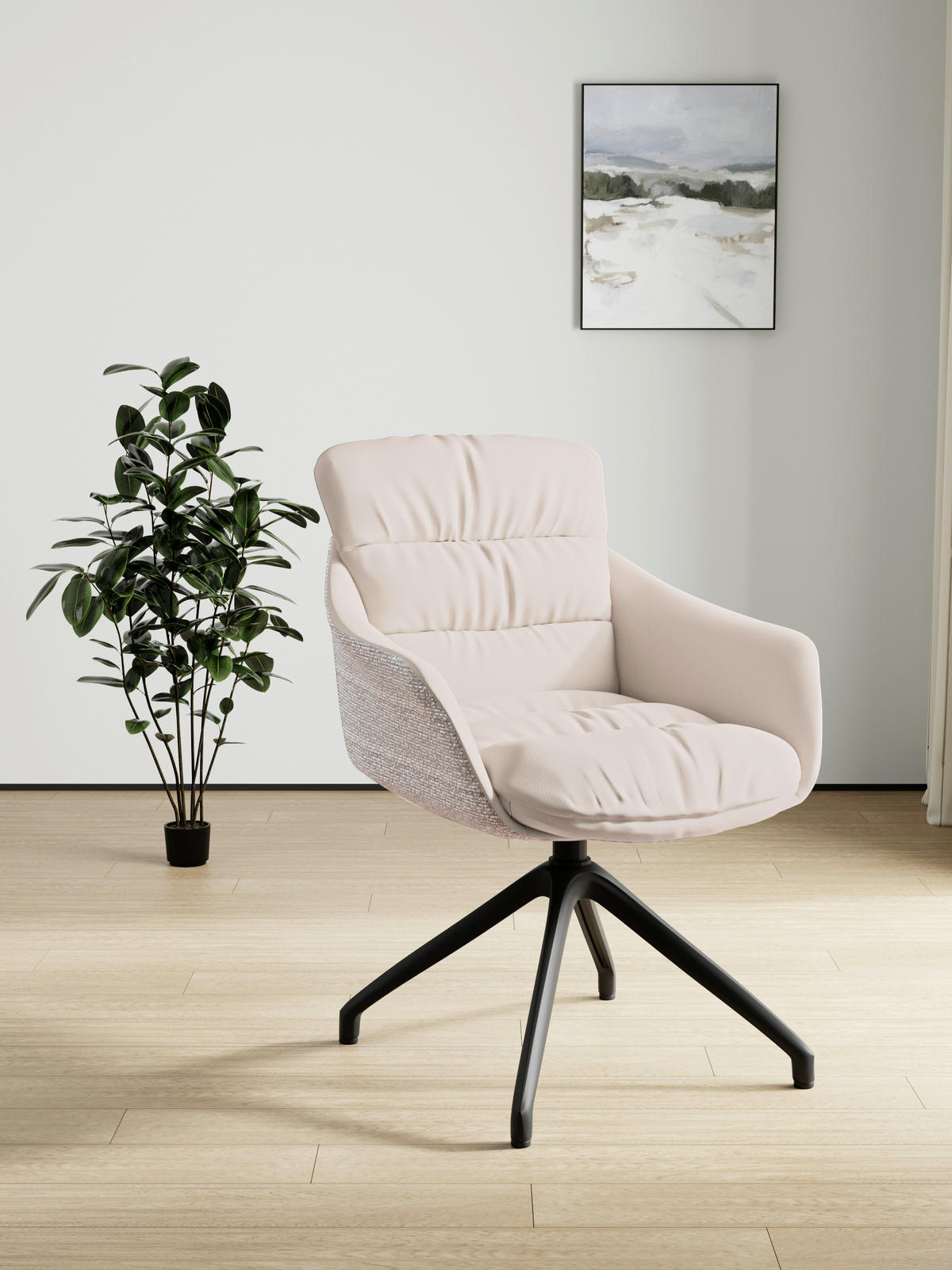 ARMLEHNSTUHL  Sitzfläche 360° drehbar, inklusive Armlehnen, automatische Rückholfunktion Webstoff Echtleder  - Beige/Schwarz, Design, Leder/Textil (62/85,5/65cm) - Dieter Knoll