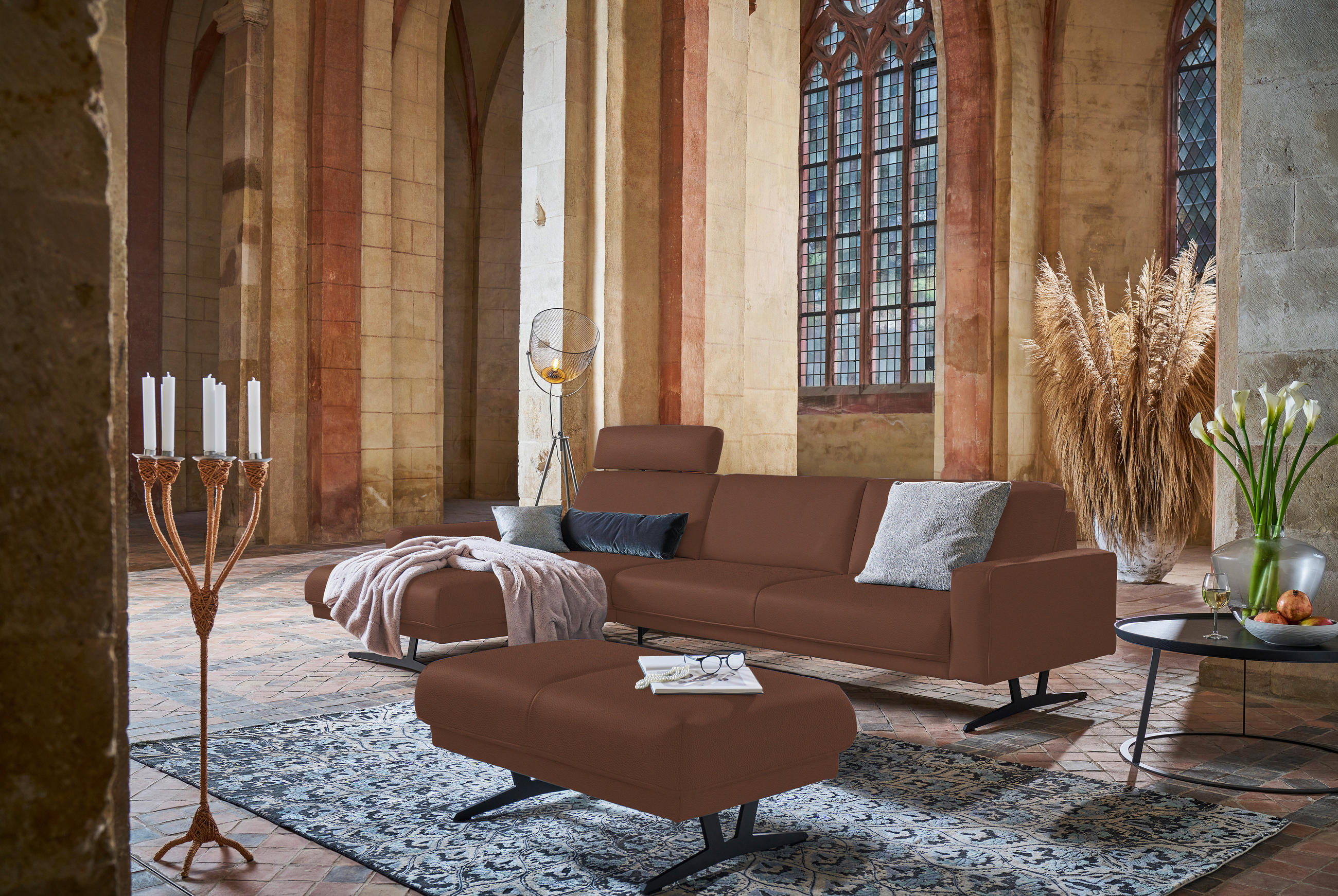 ECKSOFA in Echtleder Braun  - Anthrazit/Braun, Konventionell, Leder/Metall (179/324cm) - Johann Jakob