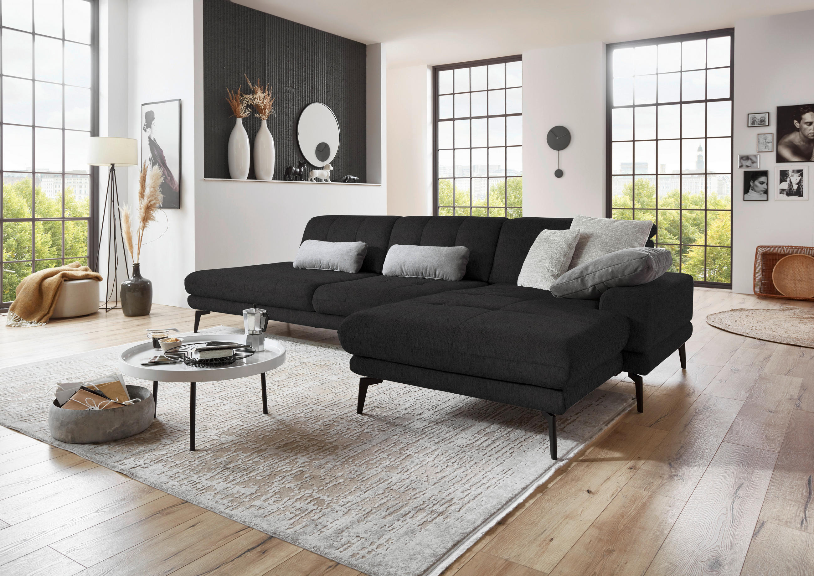 ECKSOFA in Flachgewebe Anthrazit  309/190 cm  - Anthrazit/Schwarz, Design, Textil/Metall (309/190cm) - Beldomo Style