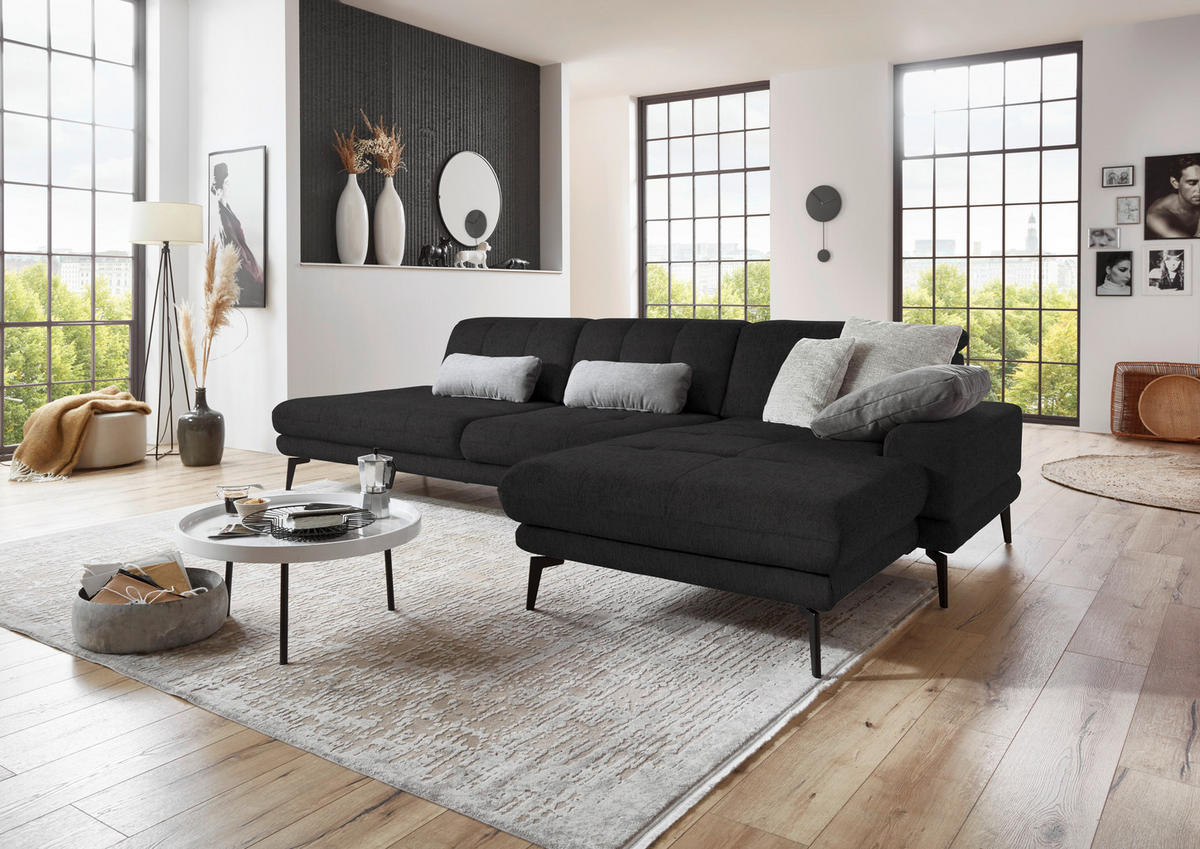 ECKSOFA in Flachgewebe Anthrazit  - Anthrazit/Schwarz, Design, Textil/Metall (309/190cm) - Beldomo Style