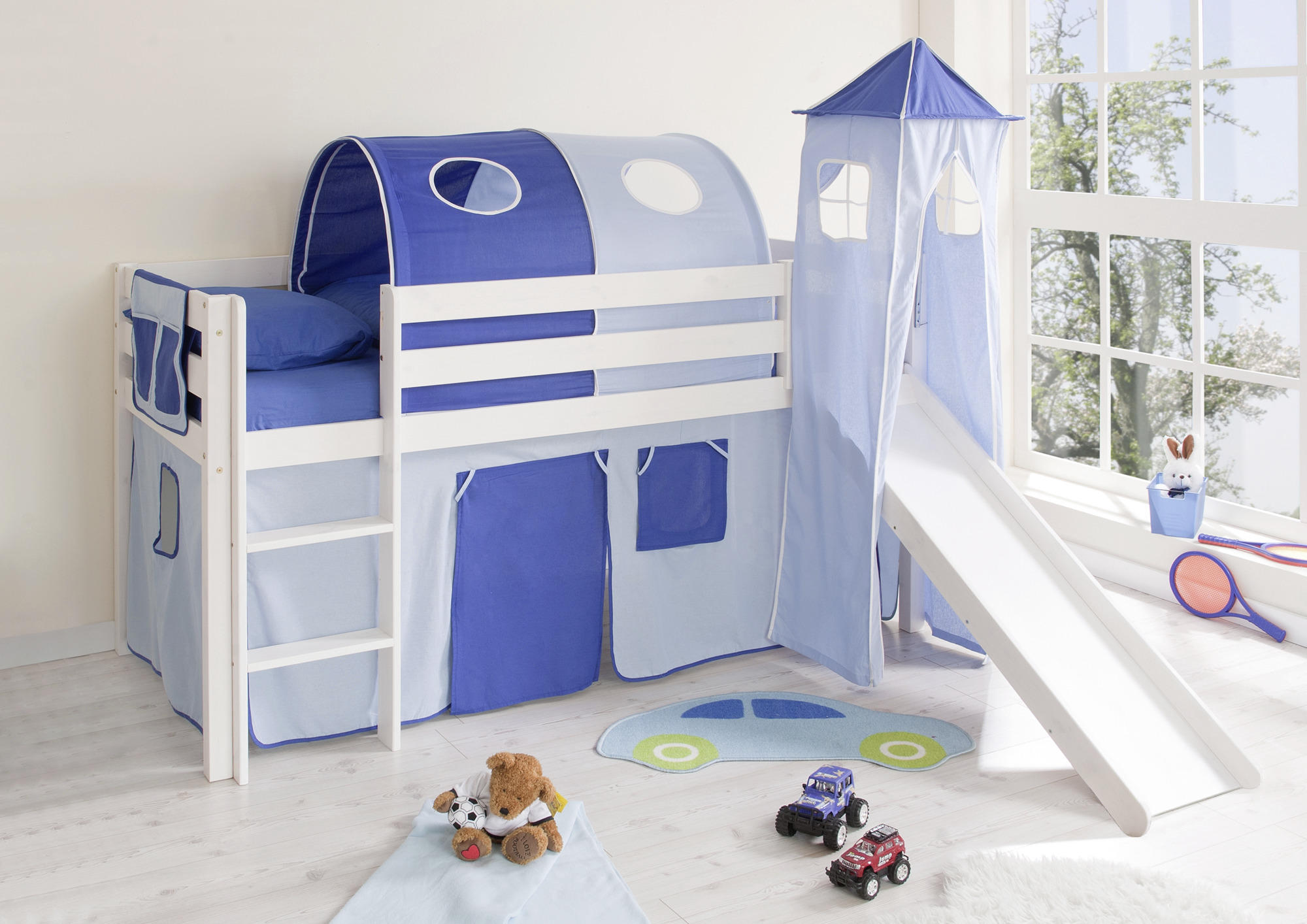 SPIELBETT Kiefer massiv 90/200 cm Weiß, Hellblau, Dunkelblau  - Weiß/Dunkelblau, Natur, Holz (90/200cm) - MID.YOU