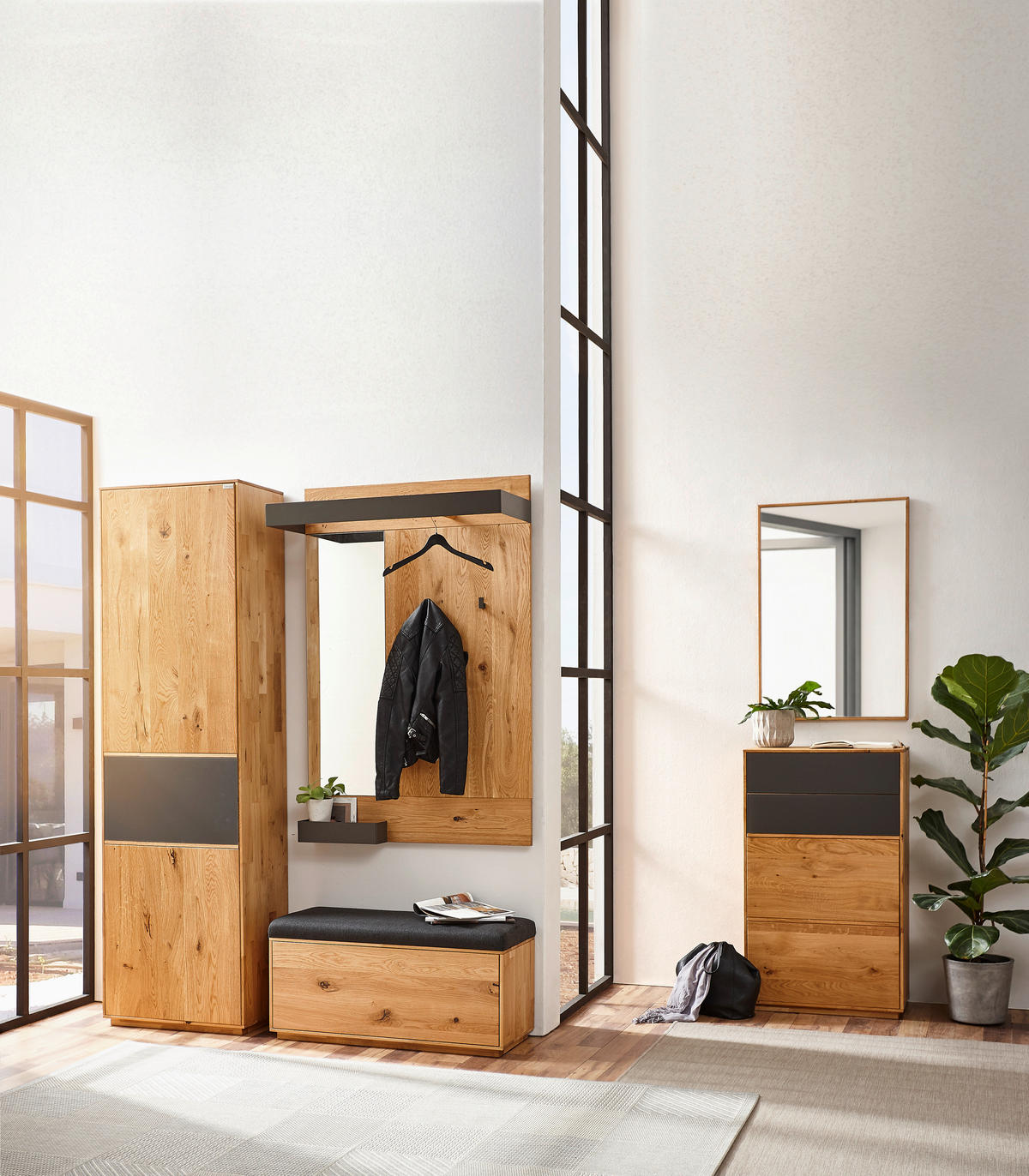 GARDEROBENSCHRANK  in 60/205/38 cm  - Eichefarben/Anthrazit, Natur, Glas/Holz (60/205/38cm) - Waldwelt