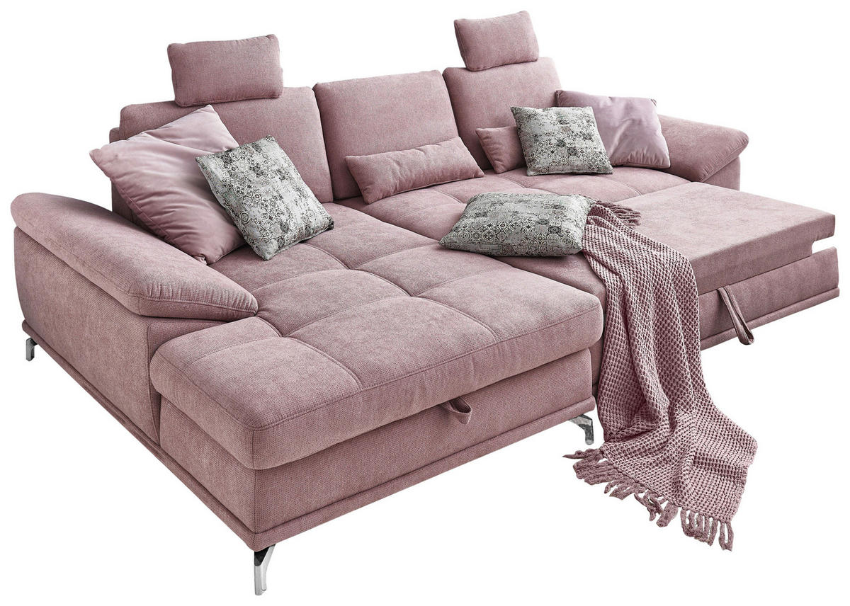 ECKSOFA Flieder Flachgewebe Bettkasten, Schlaffunktion, Sitztiefenverstellung, Kopfstütze, Liegefläche im Originalstoff  - Silberfarben/Flieder, KONVENTIONELL, Textil/Metall (176/301cm) - Sit & More