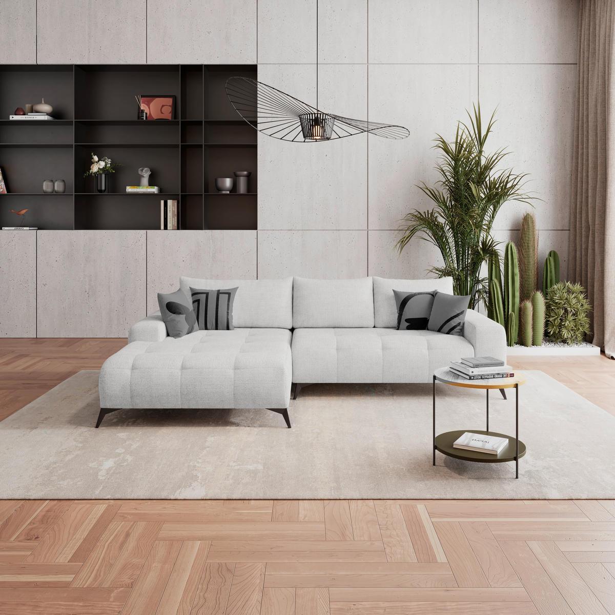 ECKSOFA MAURO Creme Flachgewebe  - Creme/Schwarz, Trend, Textil/Metall (175/290cm) - MID.YOU