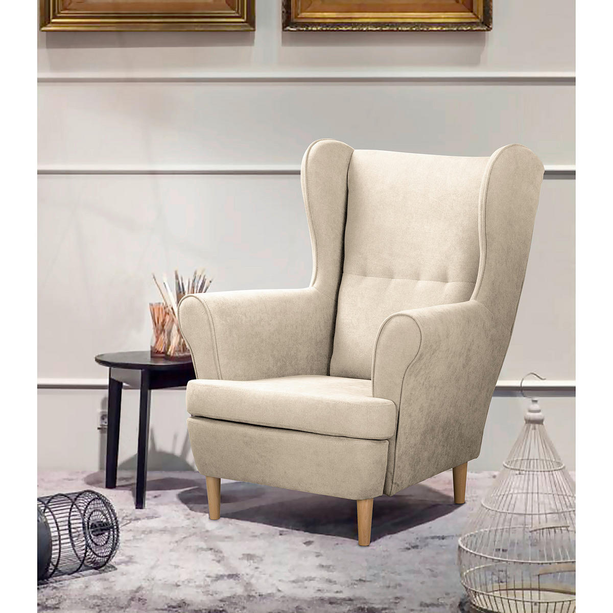 OHRENSESSEL in Mikrofaser Creme  - Creme/Naturfarben, Design, Holz/Textil (87/105/90cm) - Livetastic